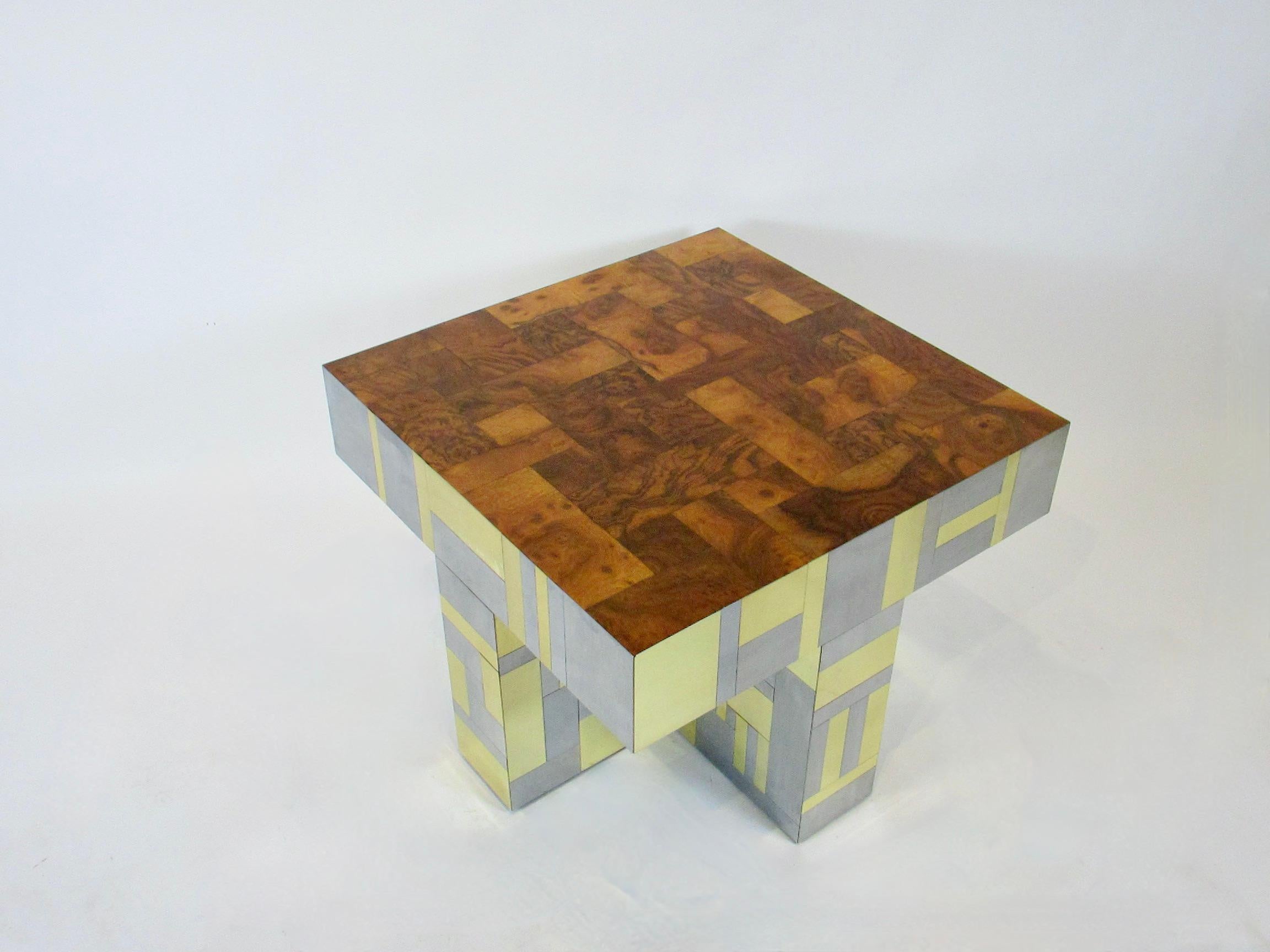 Post-Modern Thick Paul Evans Cityscape for Directional Patchwork Burl Wood Top Side Table For Sale