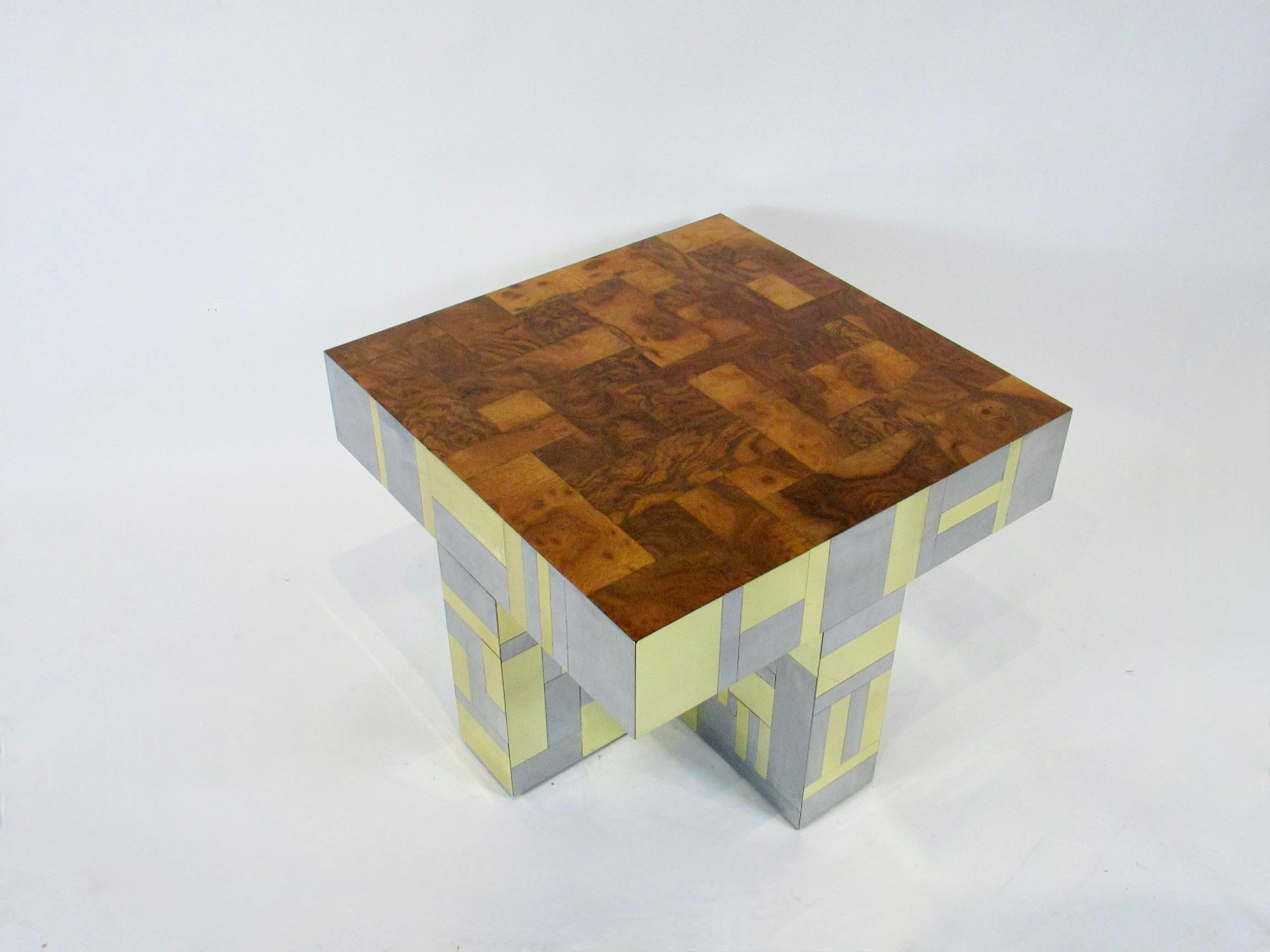 American Thick Paul Evans Cityscape for Directional Patchwork Burl Wood Top Side Table For Sale
