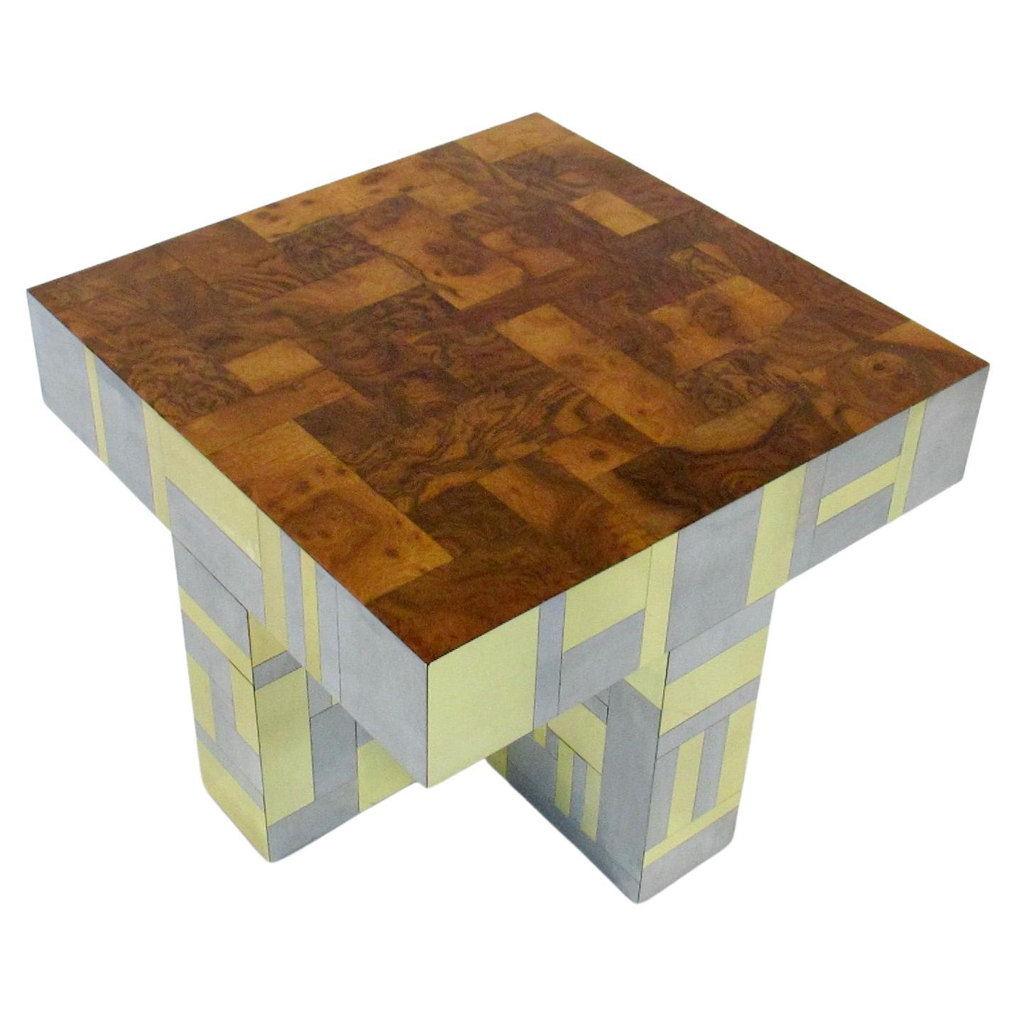 Thick Paul Evans Cityscape for Directional Patchwork Burl Wood Top Side Table For Sale