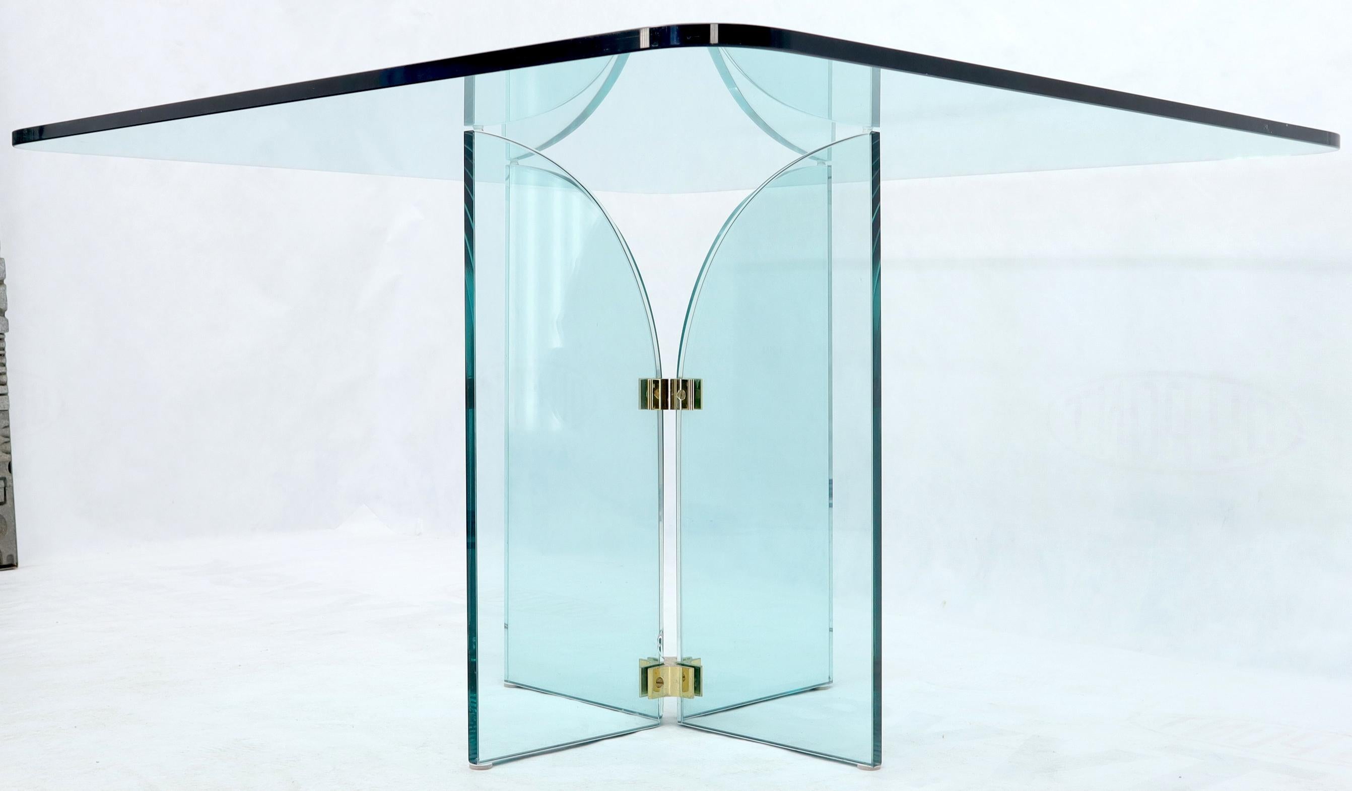 Brass Thick Rounded Square Glass Top Dining Table on Thick Glass Pedestal Base For Sale