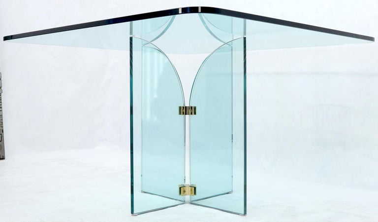 Thick Rounded Square Glass Top Dining Table on Thick Glass Pedestal Base For Sale 3