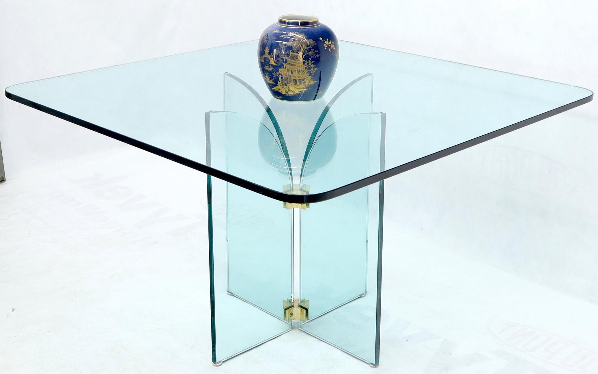 Thick Rounded Square Glass Top Dining Table on Thick Glass Pedestal Base For Sale 1