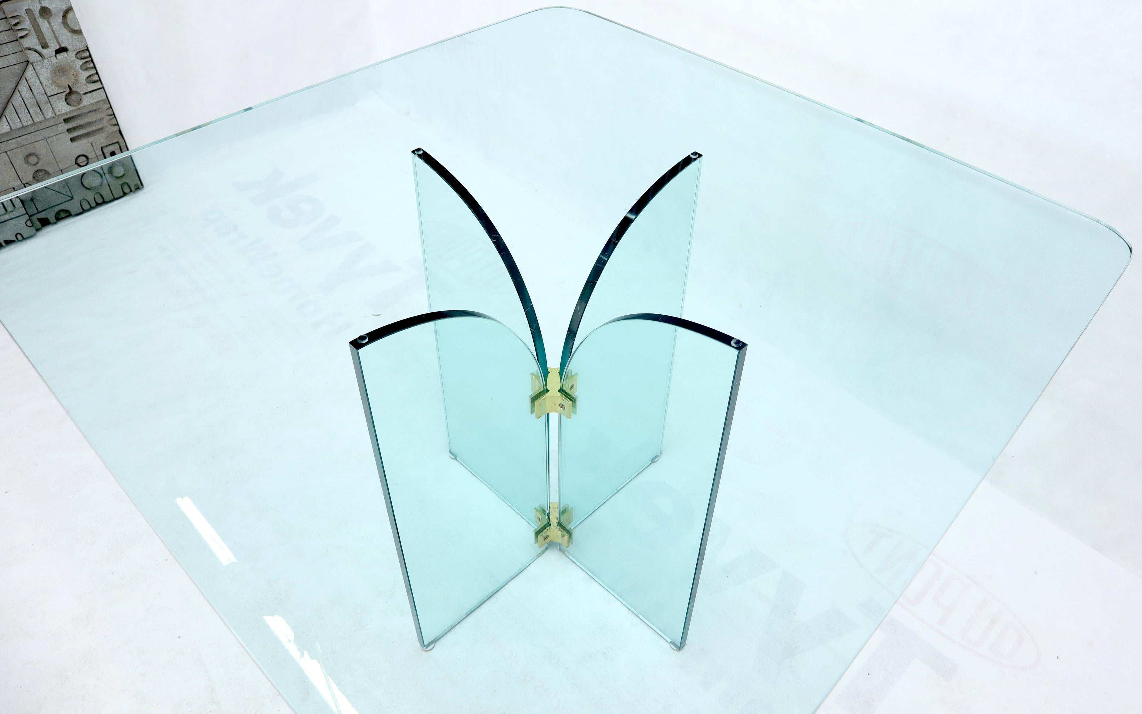 Mid-Century Modern Thick Rounded Square Glass Top Dining Table on Thick Glass Pedestal Base For Sale