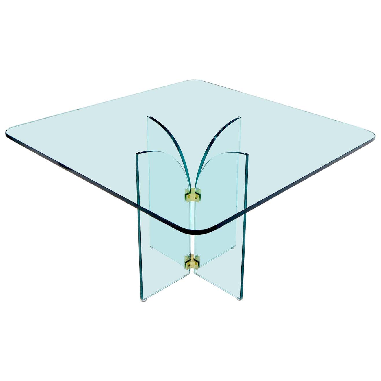 Thick Rounded Square Glass Top Dining Table on Thick Glass Pedestal ...