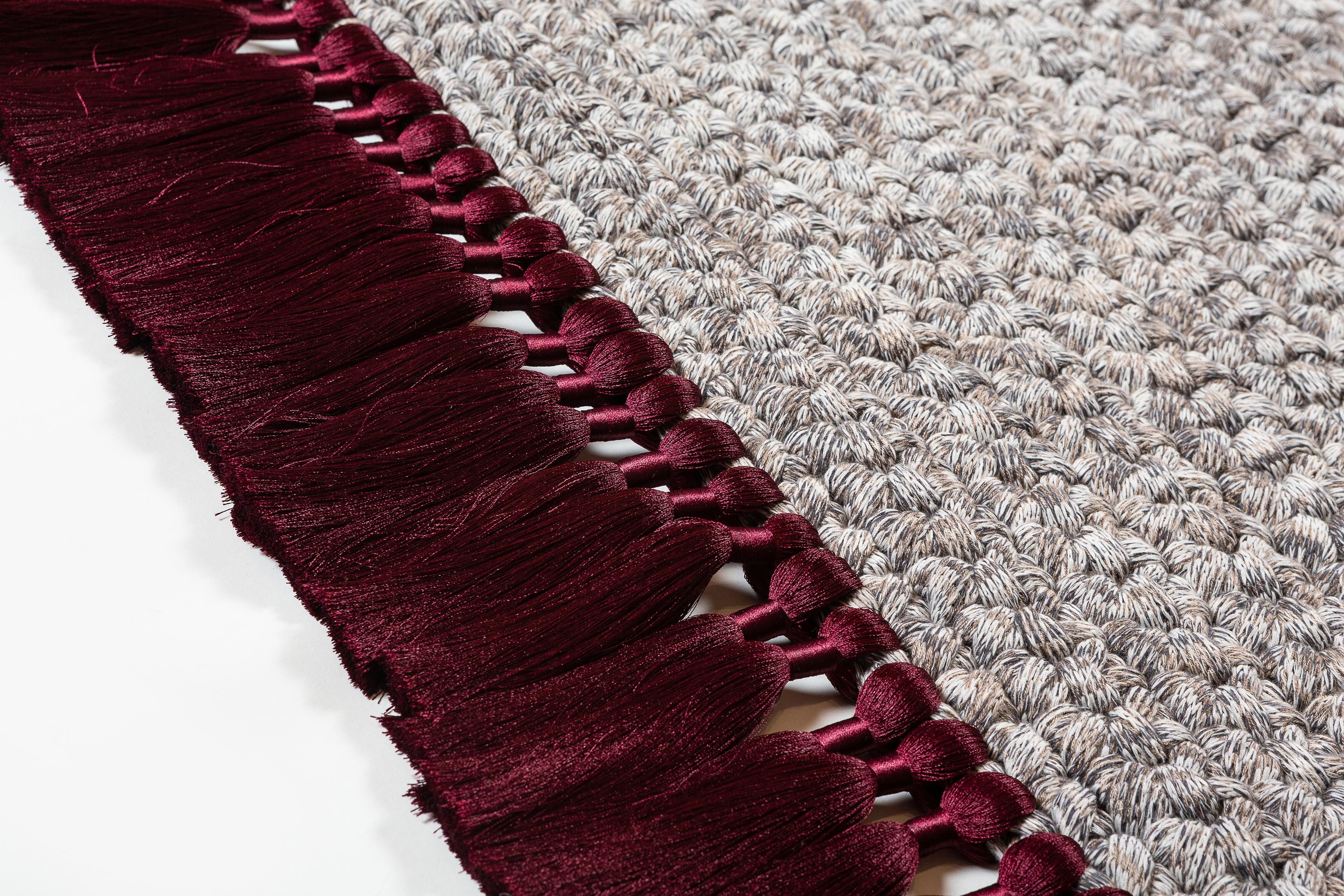 Israeli Handmade Crochet Thick Rug 120X200 cm in Grey, Cacao, Wine Color  For Sale