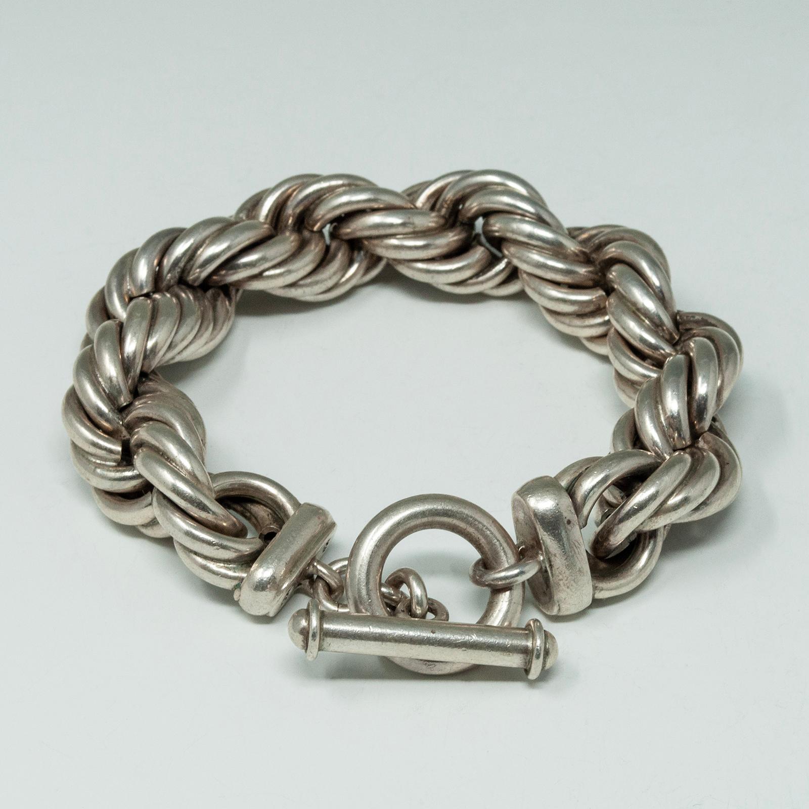 Artisan Thick Silver Twisted Chainlink Rope Bracelet, Taxco, Mexico .950 For Sale