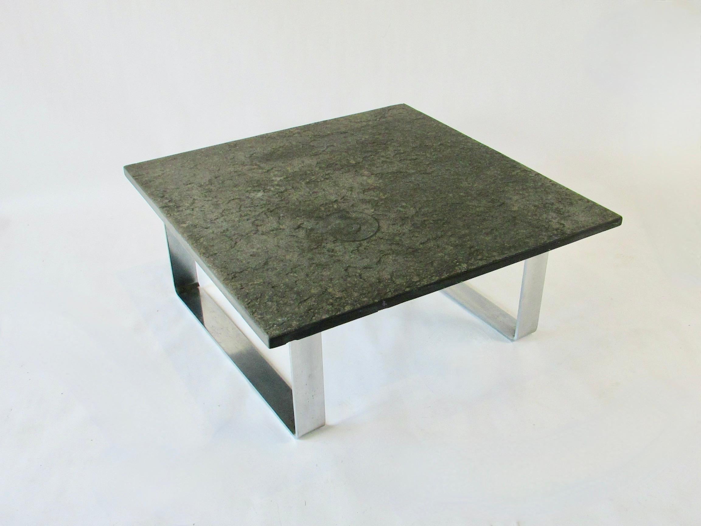 Thick slate top table with Ammonite fossil on chrome base For Sale 2