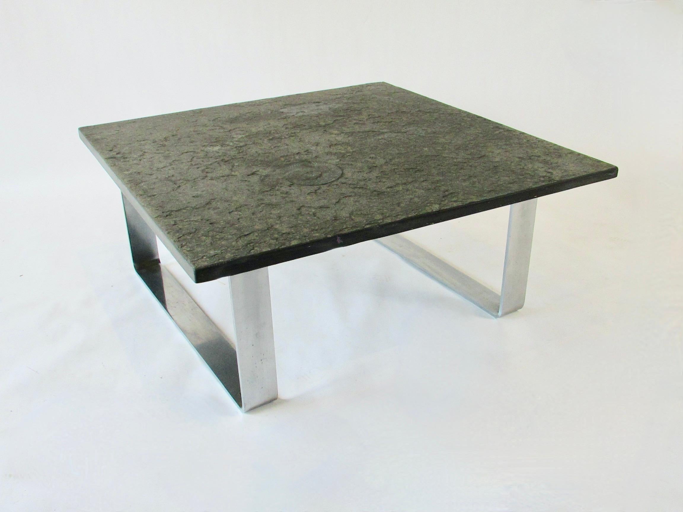 Thick slate top table with Ammonite fossil on chrome base For Sale 3