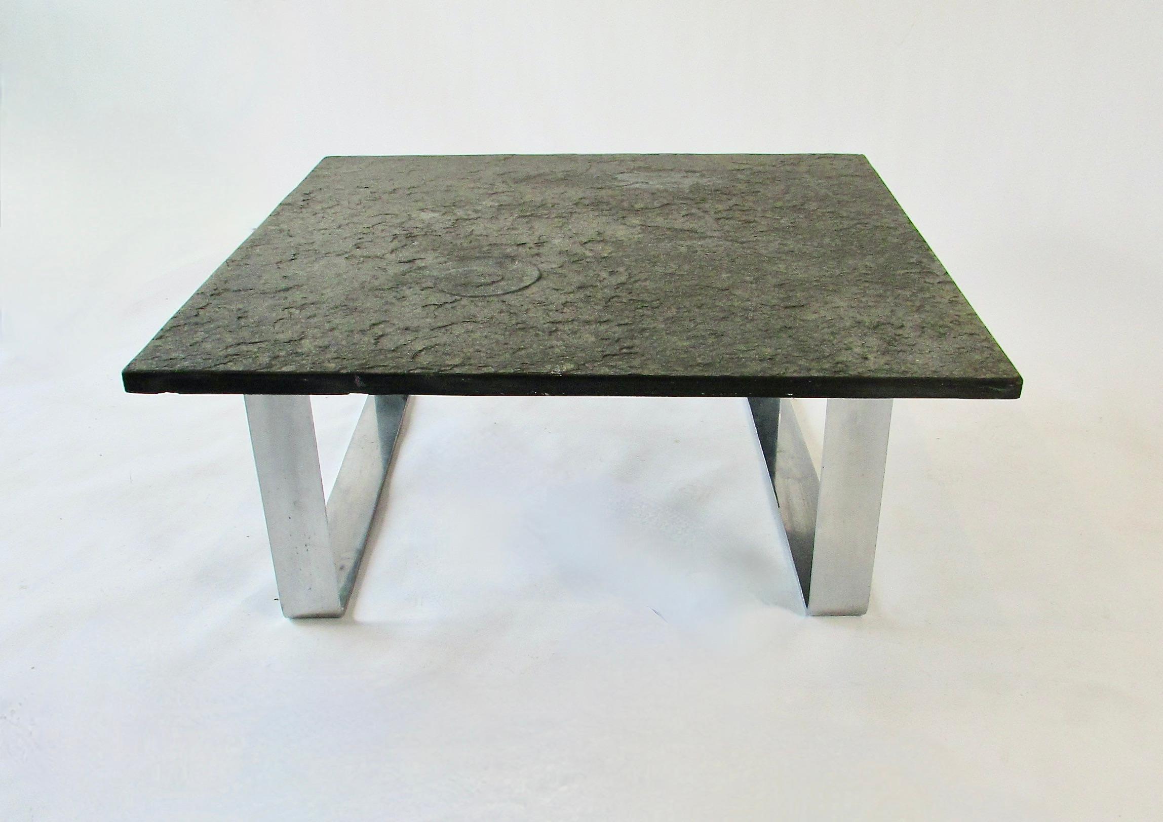 Thick slate top table with Ammonite fossil on chrome base For Sale 4