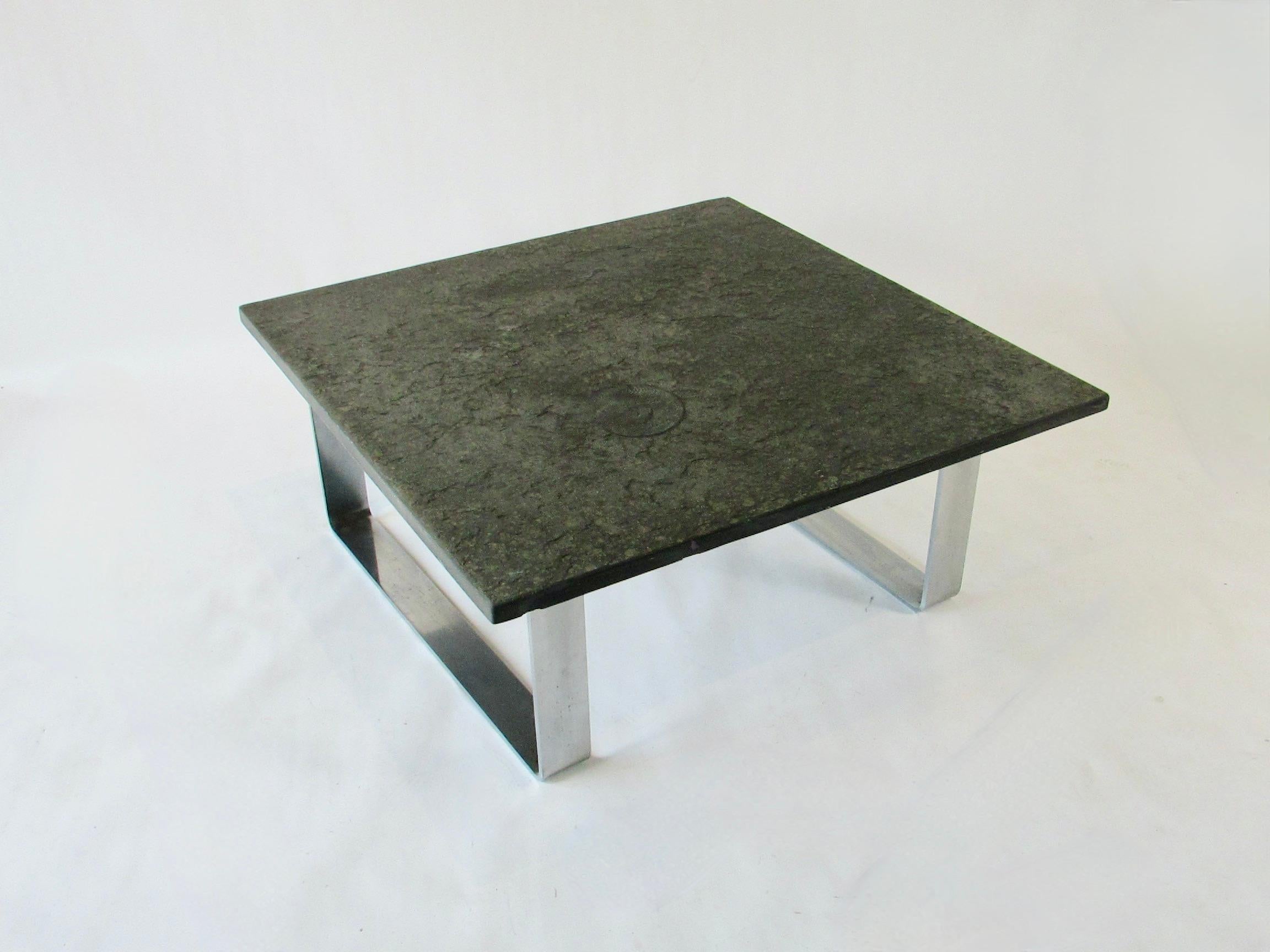 Thick slate top table with Ammonite fossil on chrome base For Sale 1