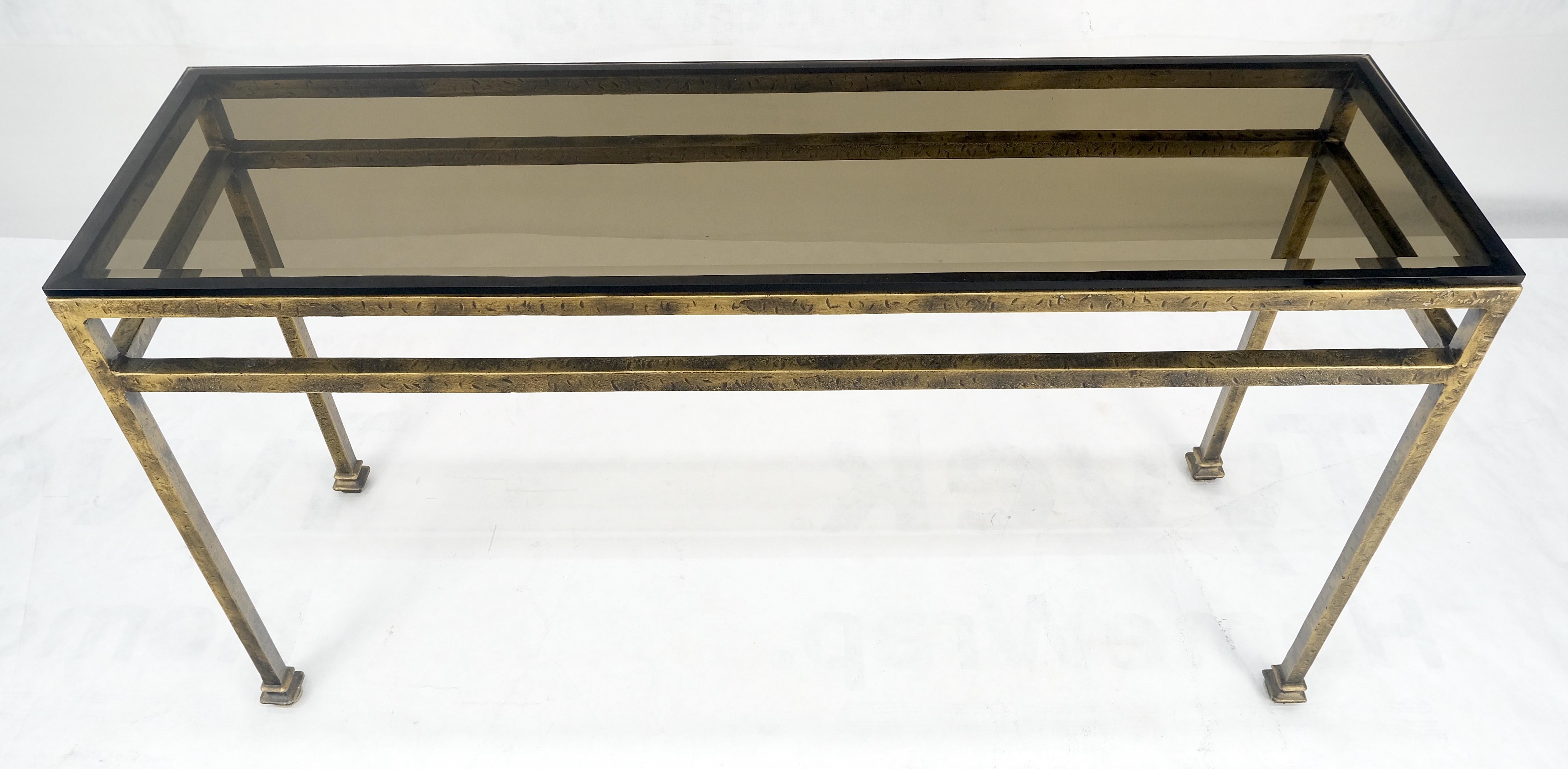Mid-Century Modern Thick Smoked Glass Bronzed Metal Base Console Sofa Table MINT For Sale