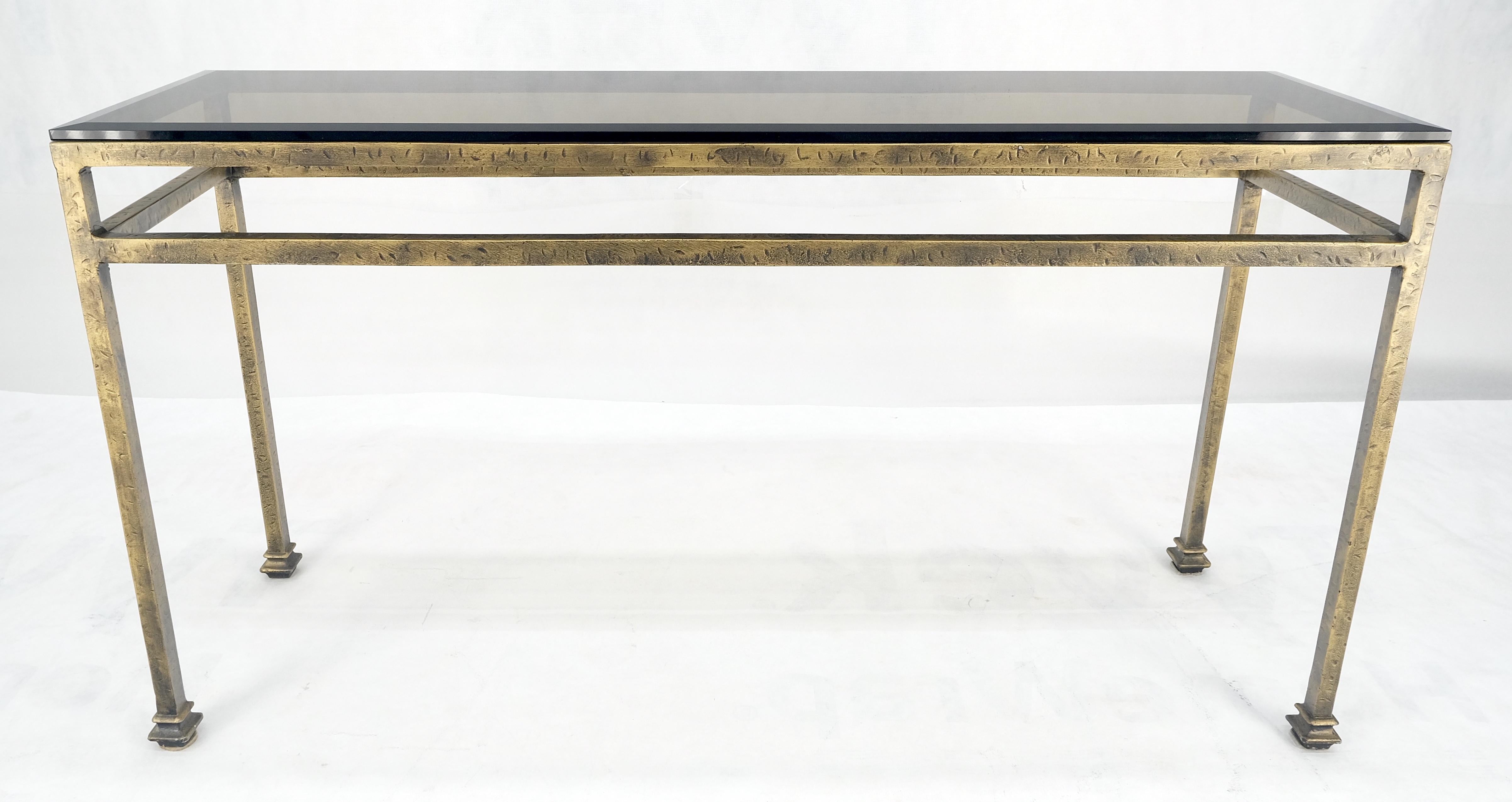 Unknown Thick Smoked Glass Bronzed Metal Base Console Sofa Table MINT For Sale