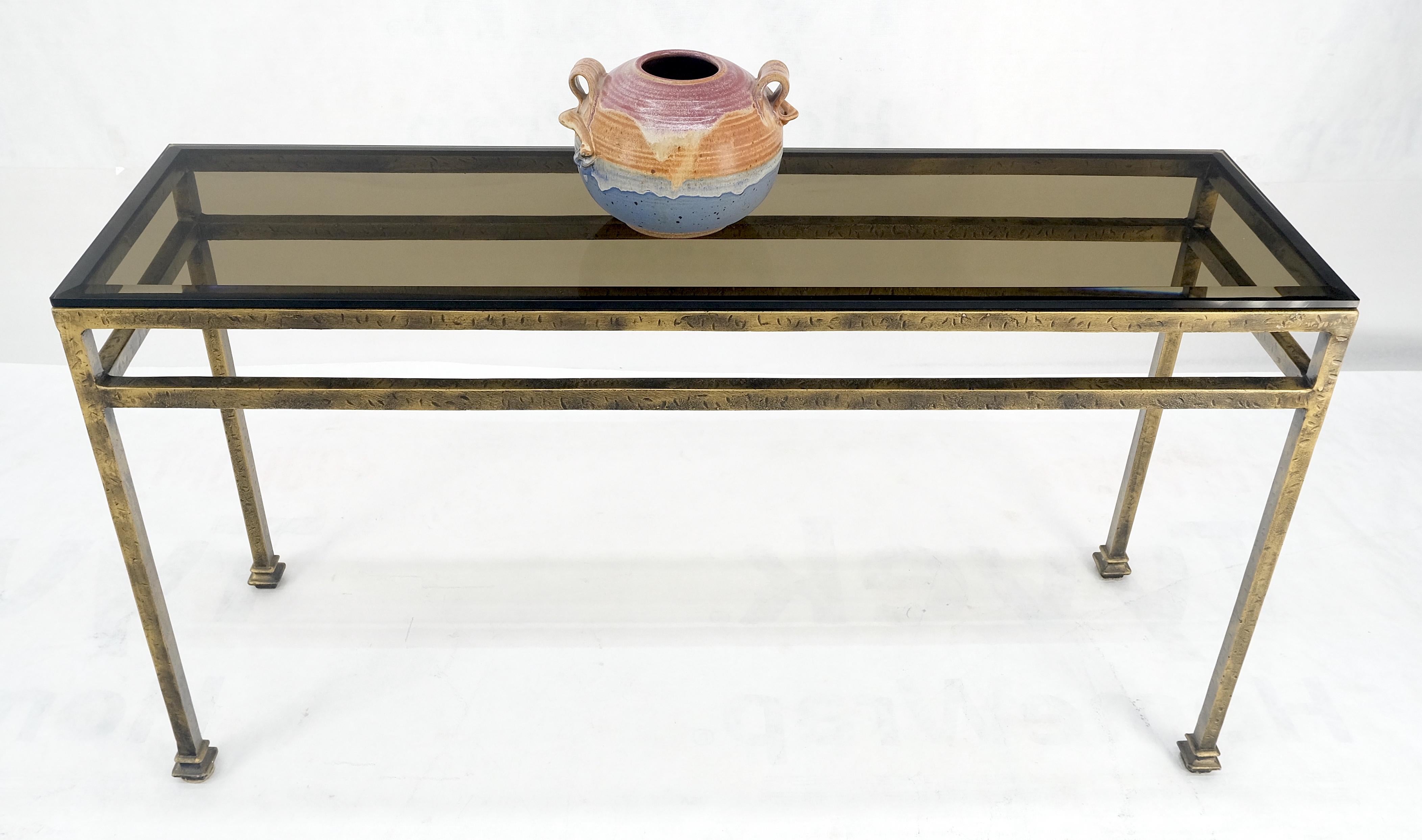 20th Century Thick Smoked Glass Bronzed Metal Base Console Sofa Table MINT For Sale