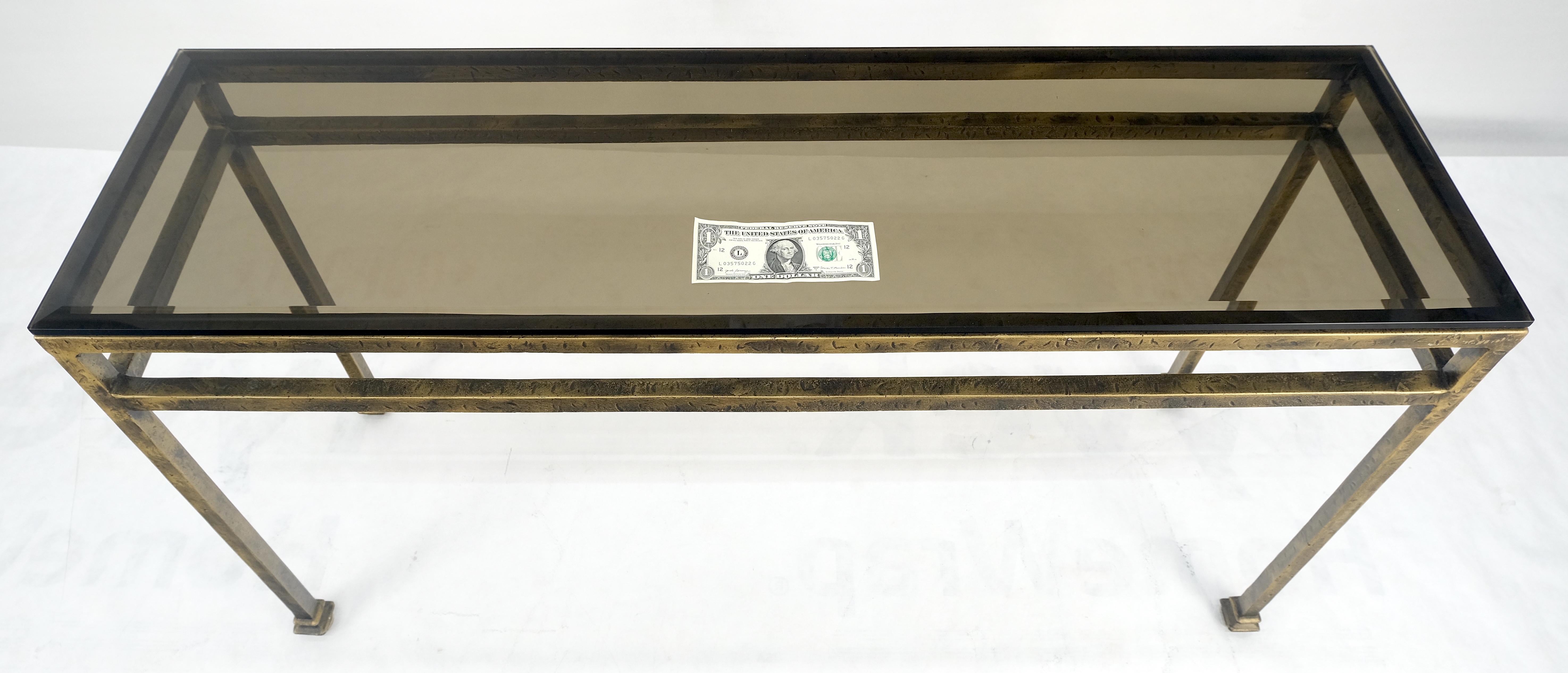 Thick Smoked Glass Bronzed Metal Base Console Sofa Table MINT For Sale 1