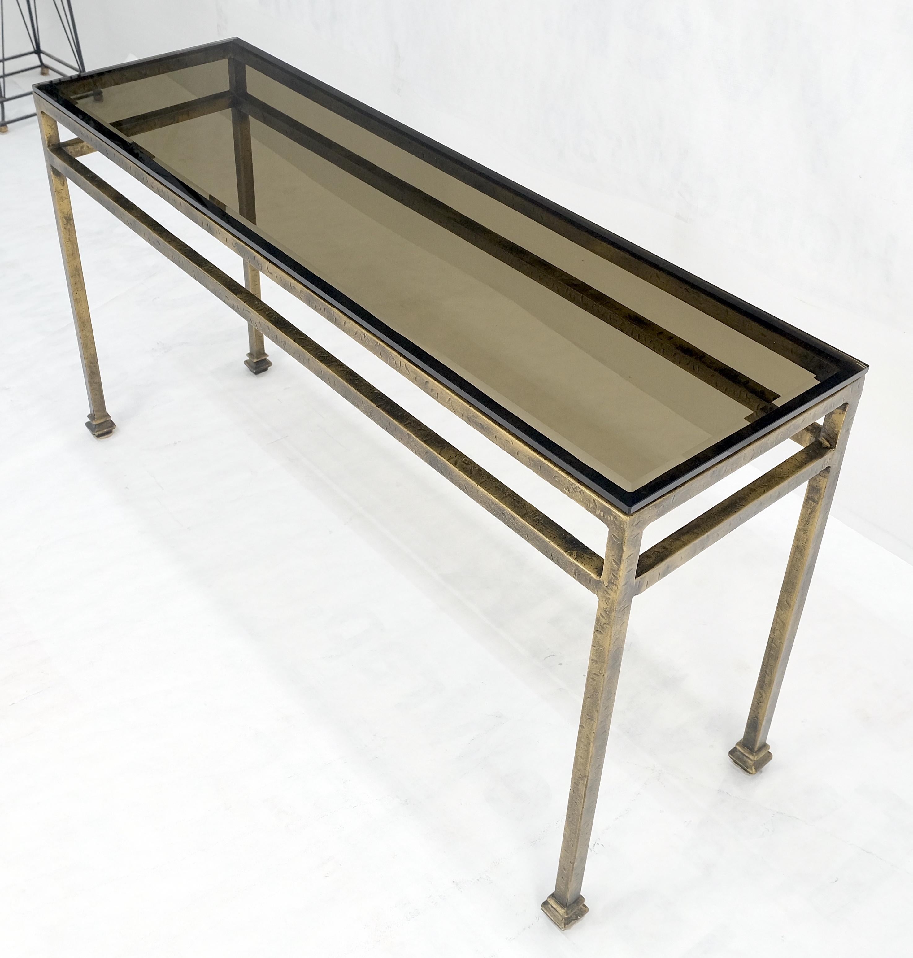 Thick Smoked Glass Bronzed Metal Base Console Sofa Table MINT For Sale 2