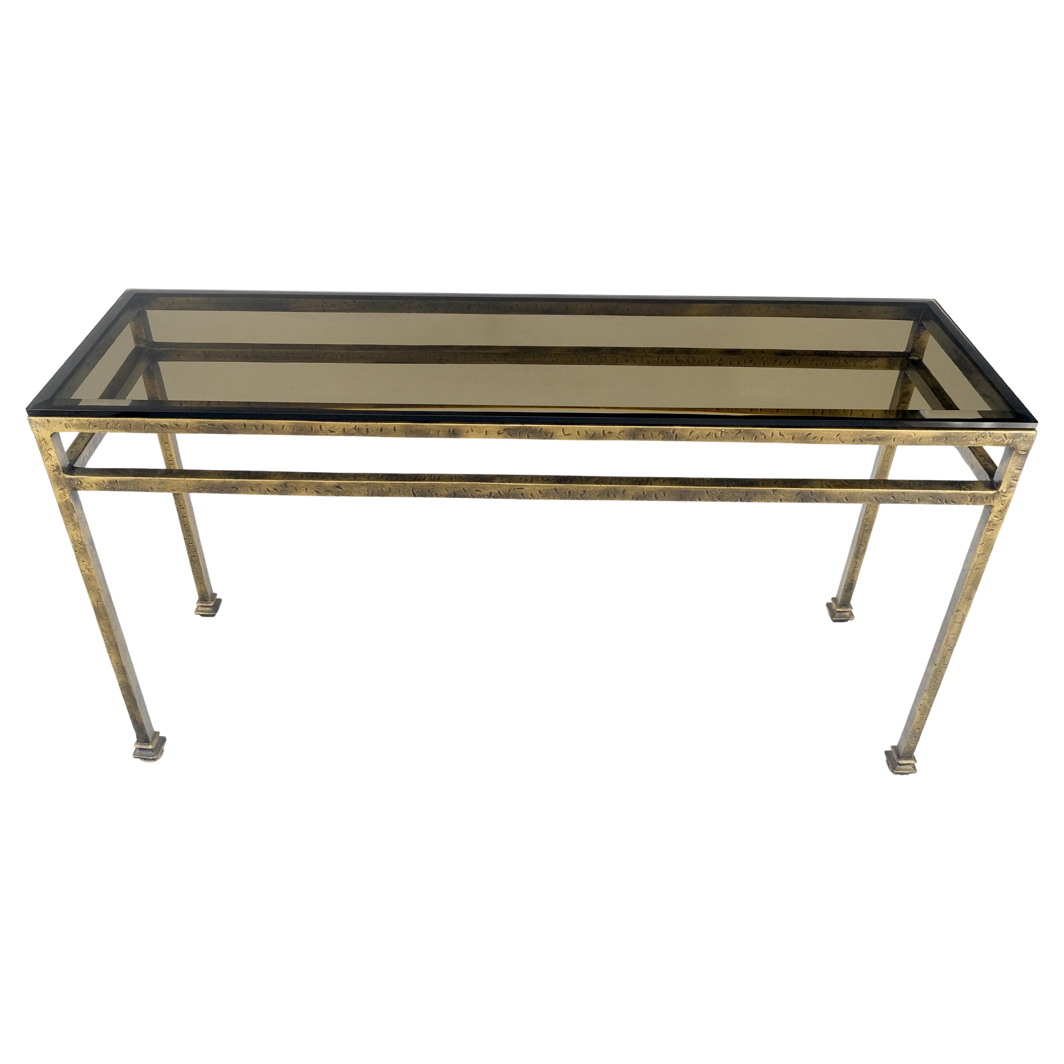 Thick Smoked Glass Bronzed Metal Base Console Sofa Table MINT For Sale