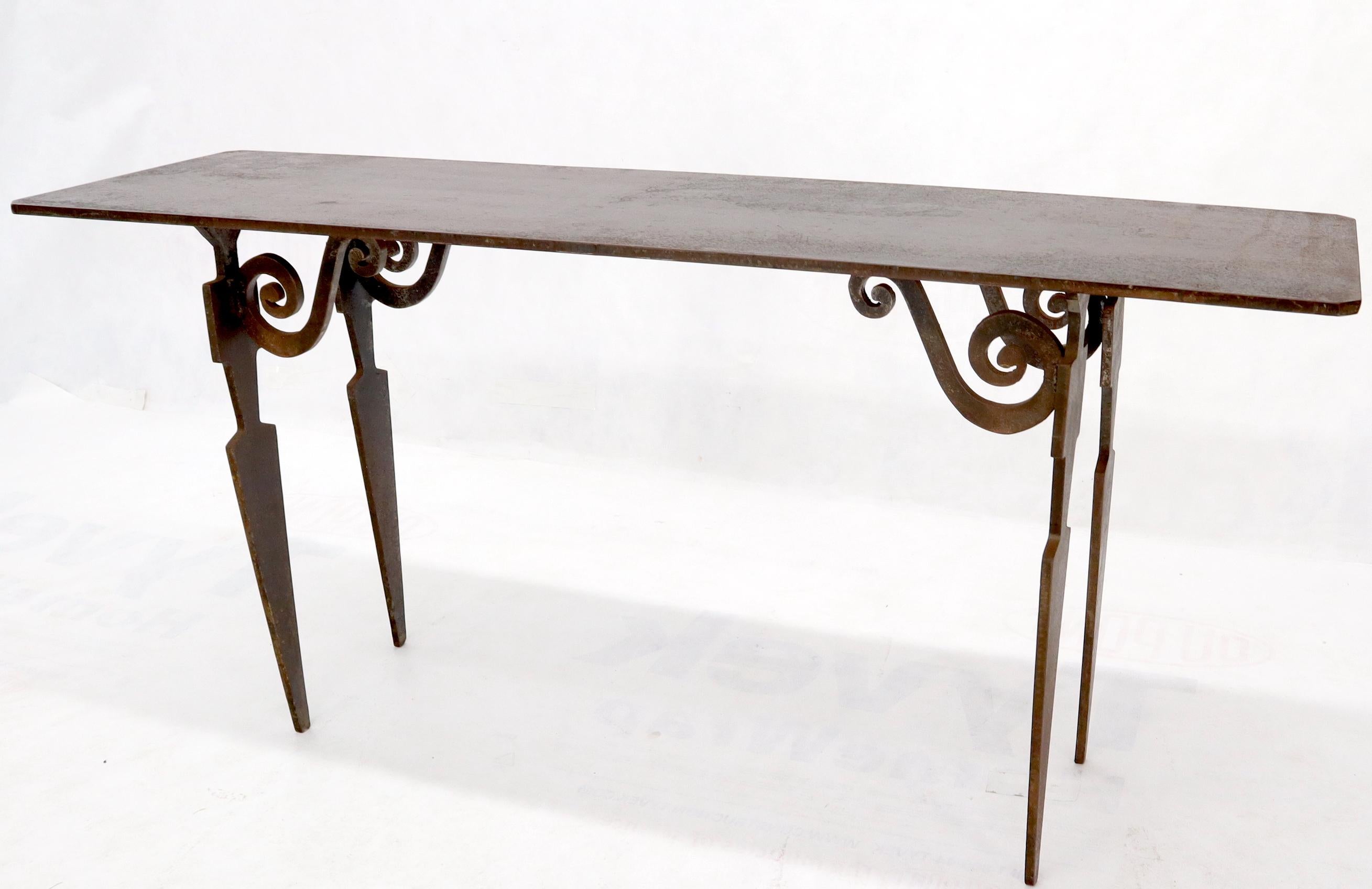 Mid-Century Modern Thick Solid Steel Plate Top Cut Steel Legs Coffee Table Steam Punk Console Table For Sale