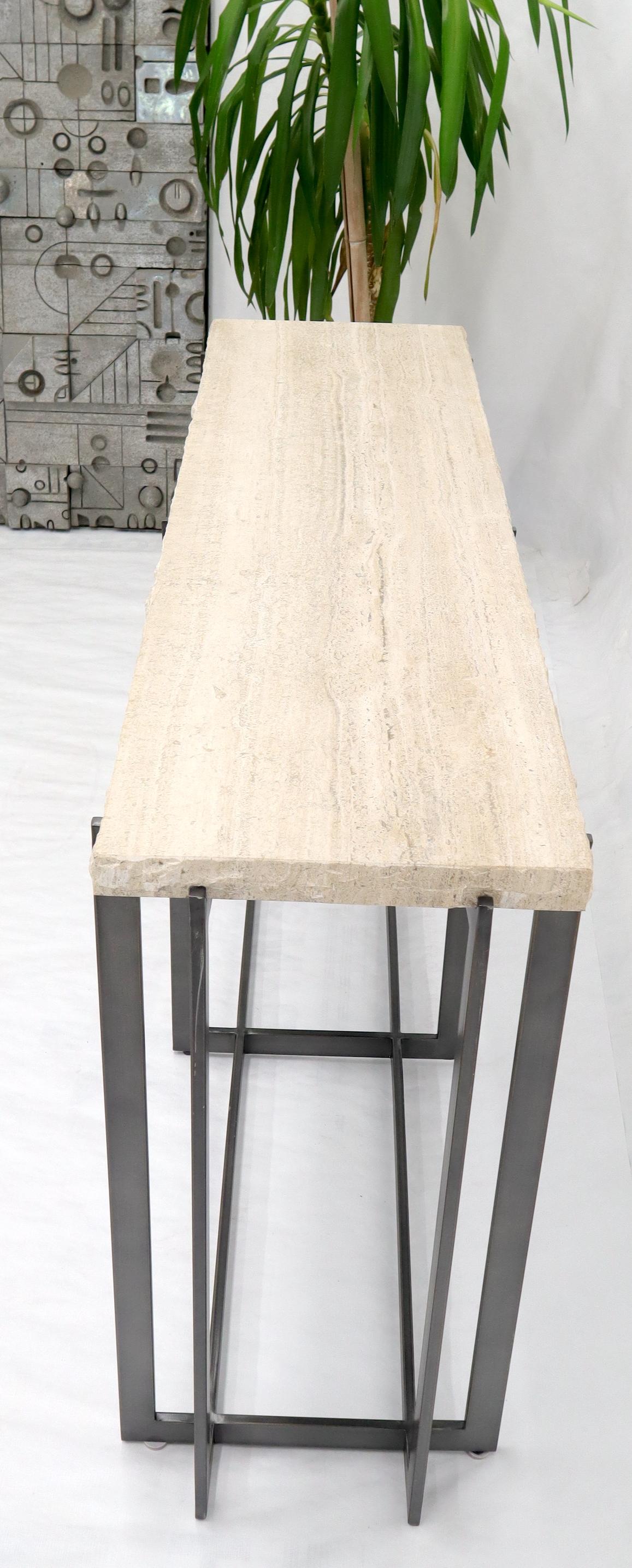 Mid-Century Modern Thick Travertine Top Console Sofa Table