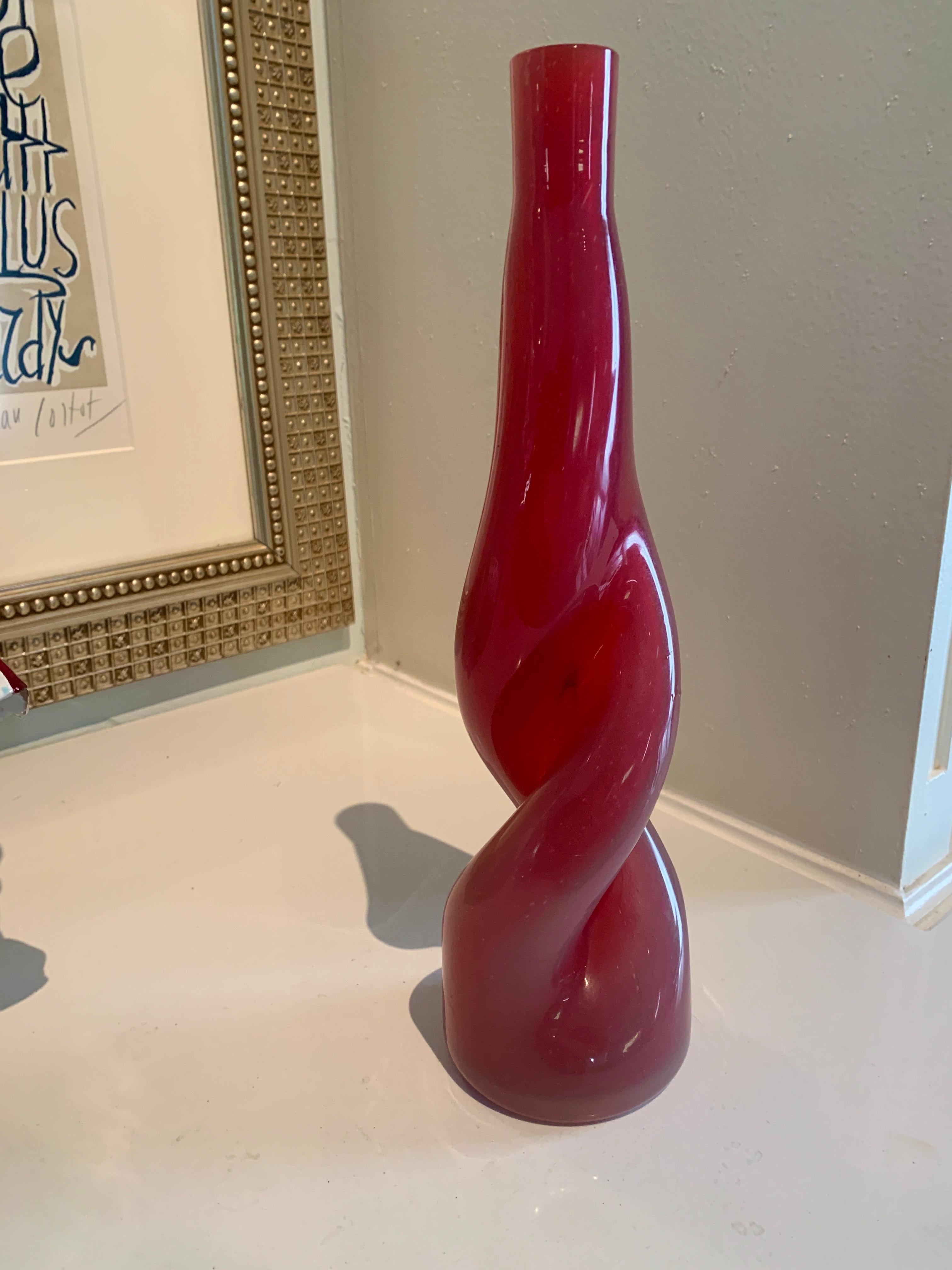 Thick Twisted Red Art Glass Bud Vase For Sale 5
