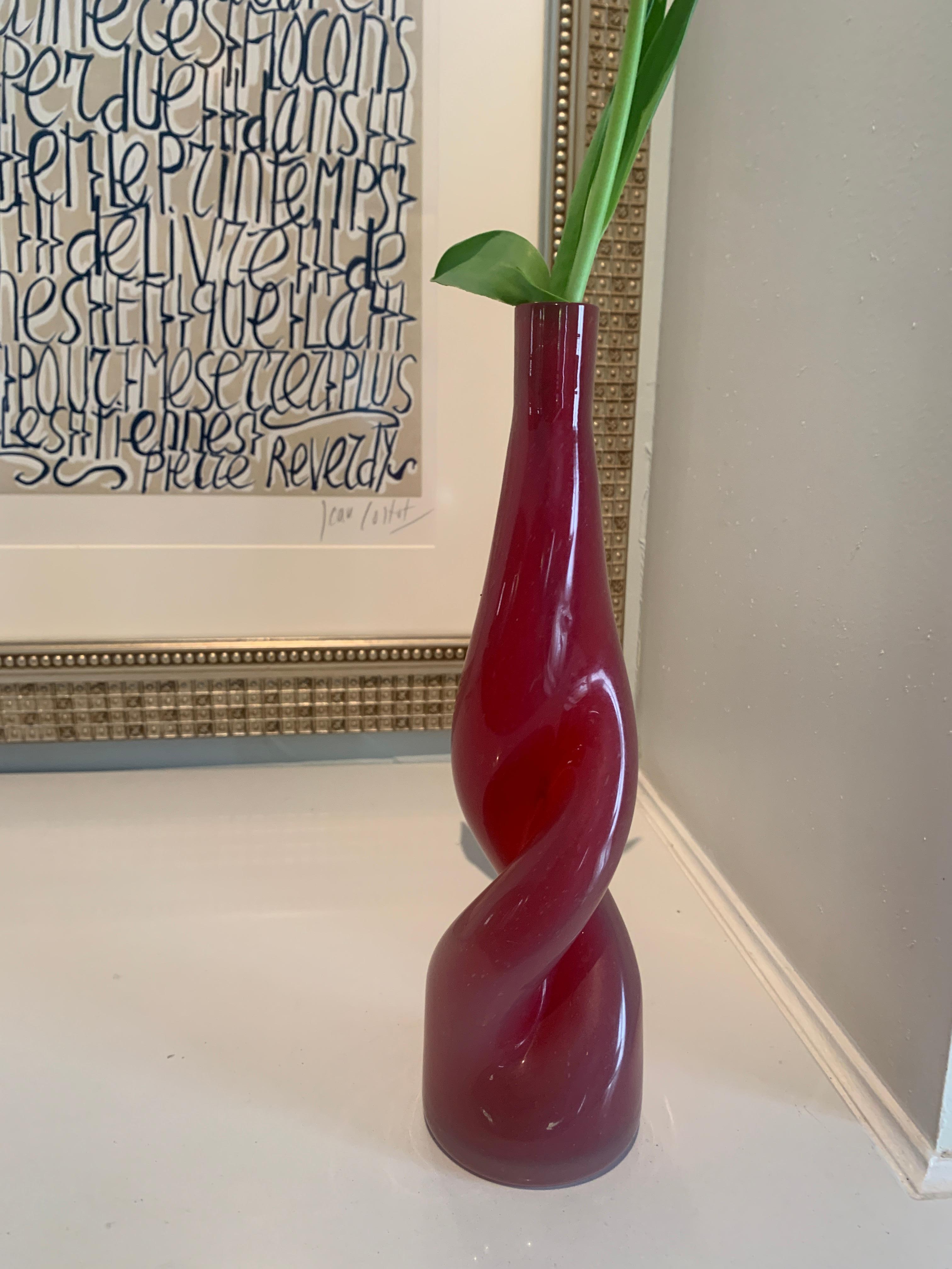 Modern Thick Twisted Red Art Glass Bud Vase For Sale