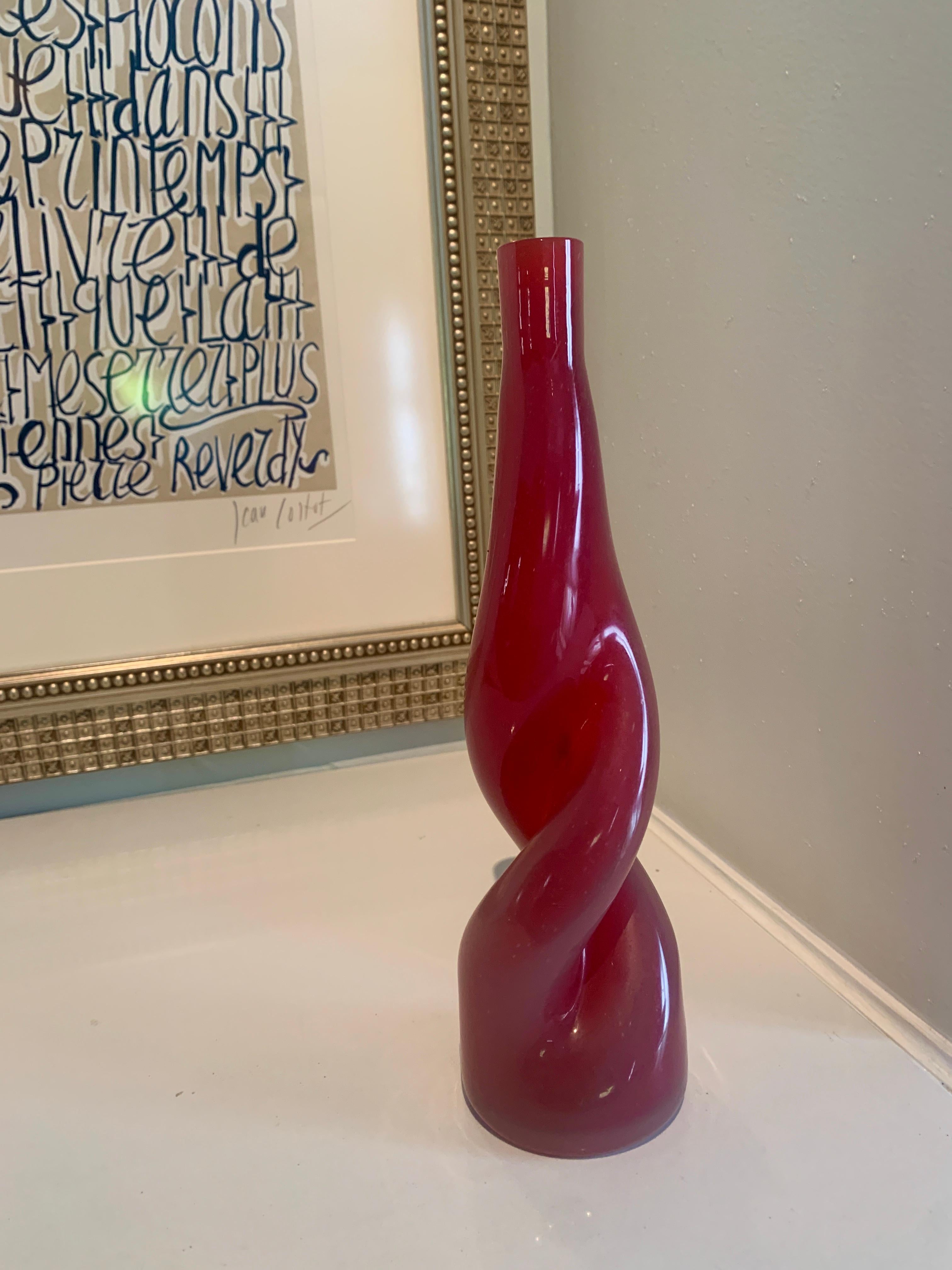 Thick Twisted Red Art Glass Bud Vase For Sale 1