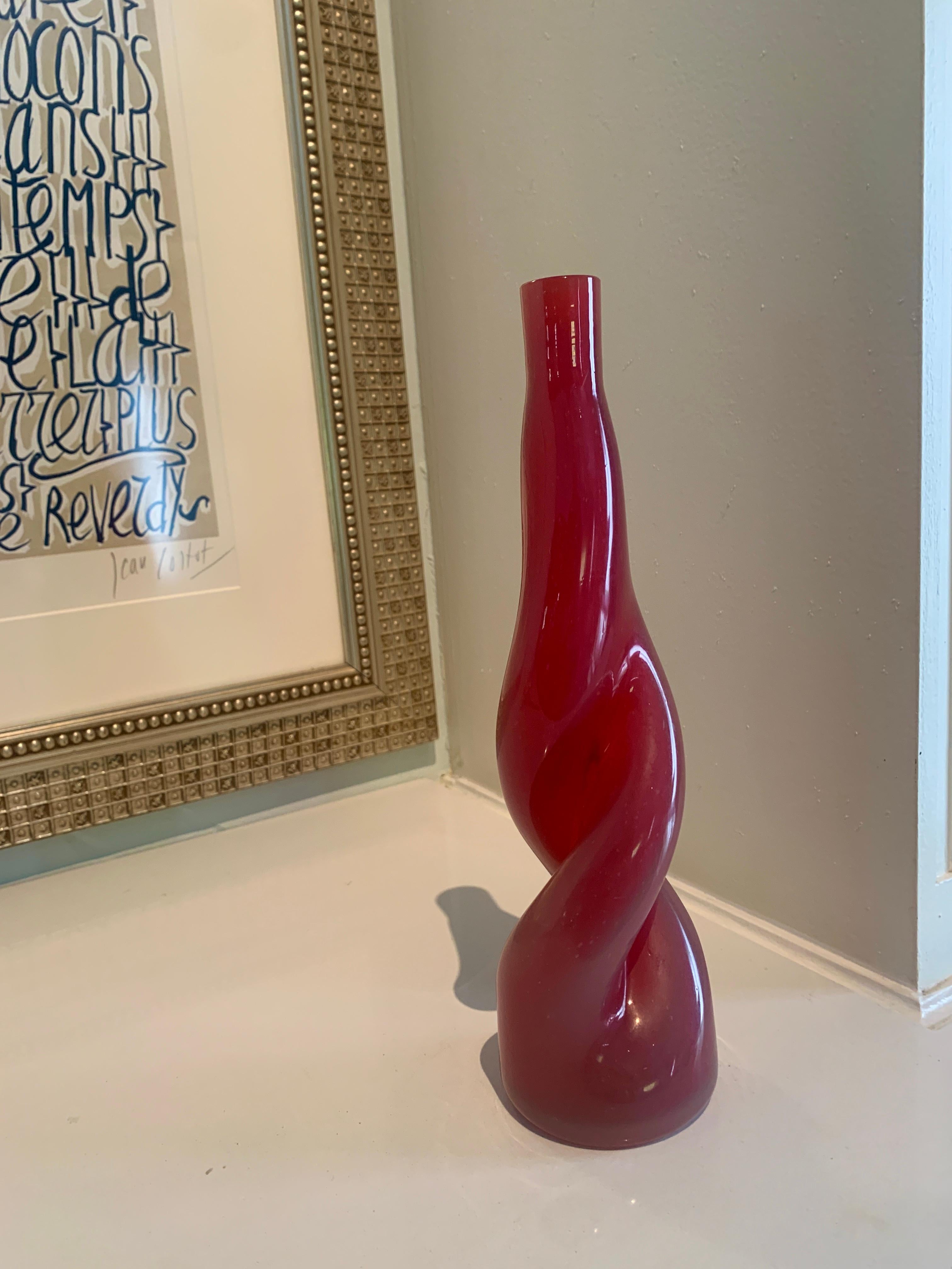 Thick Twisted Red Art Glass Bud Vase For Sale 2