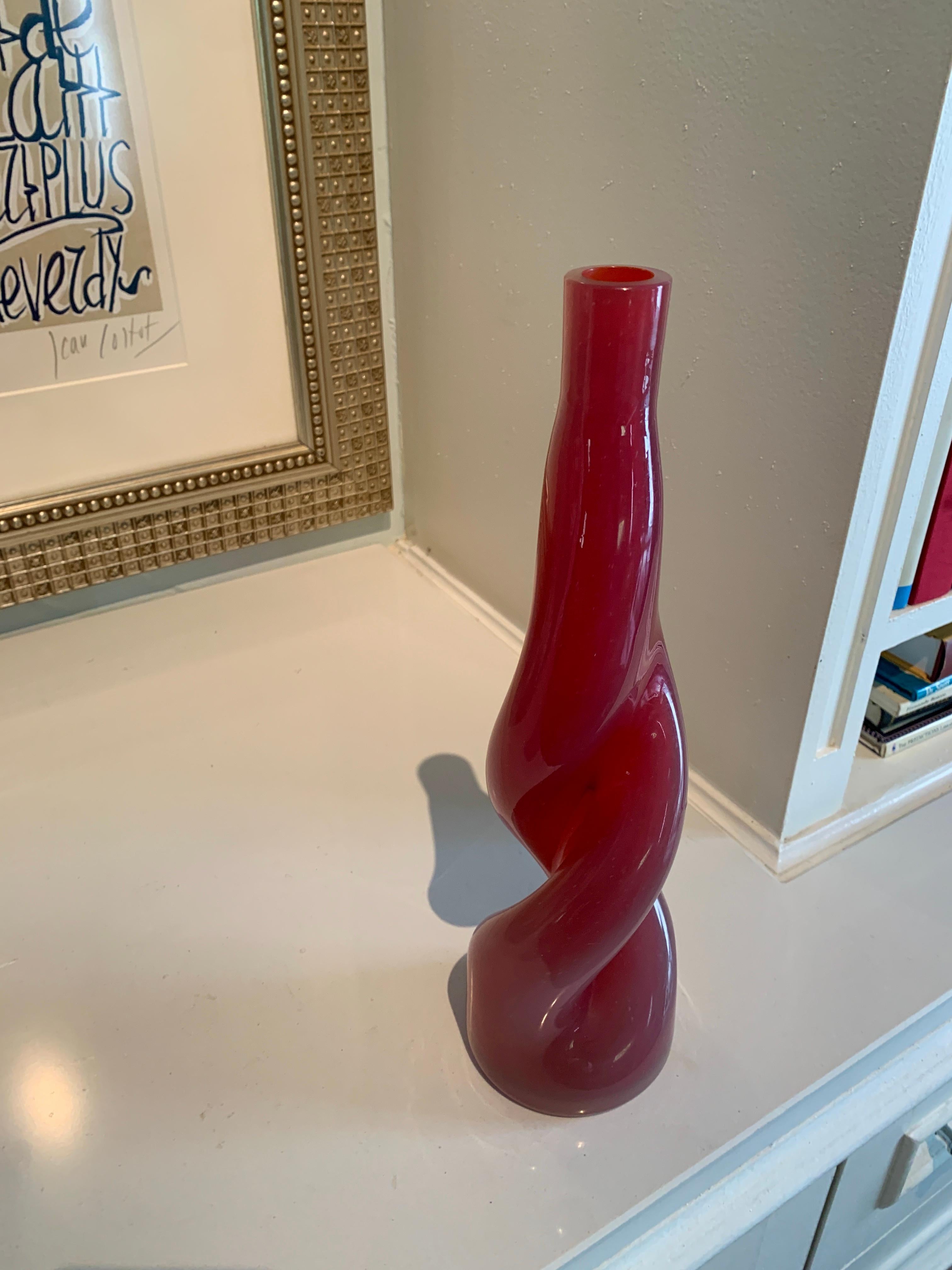 Thick Twisted Red Art Glass Bud Vase For Sale 3