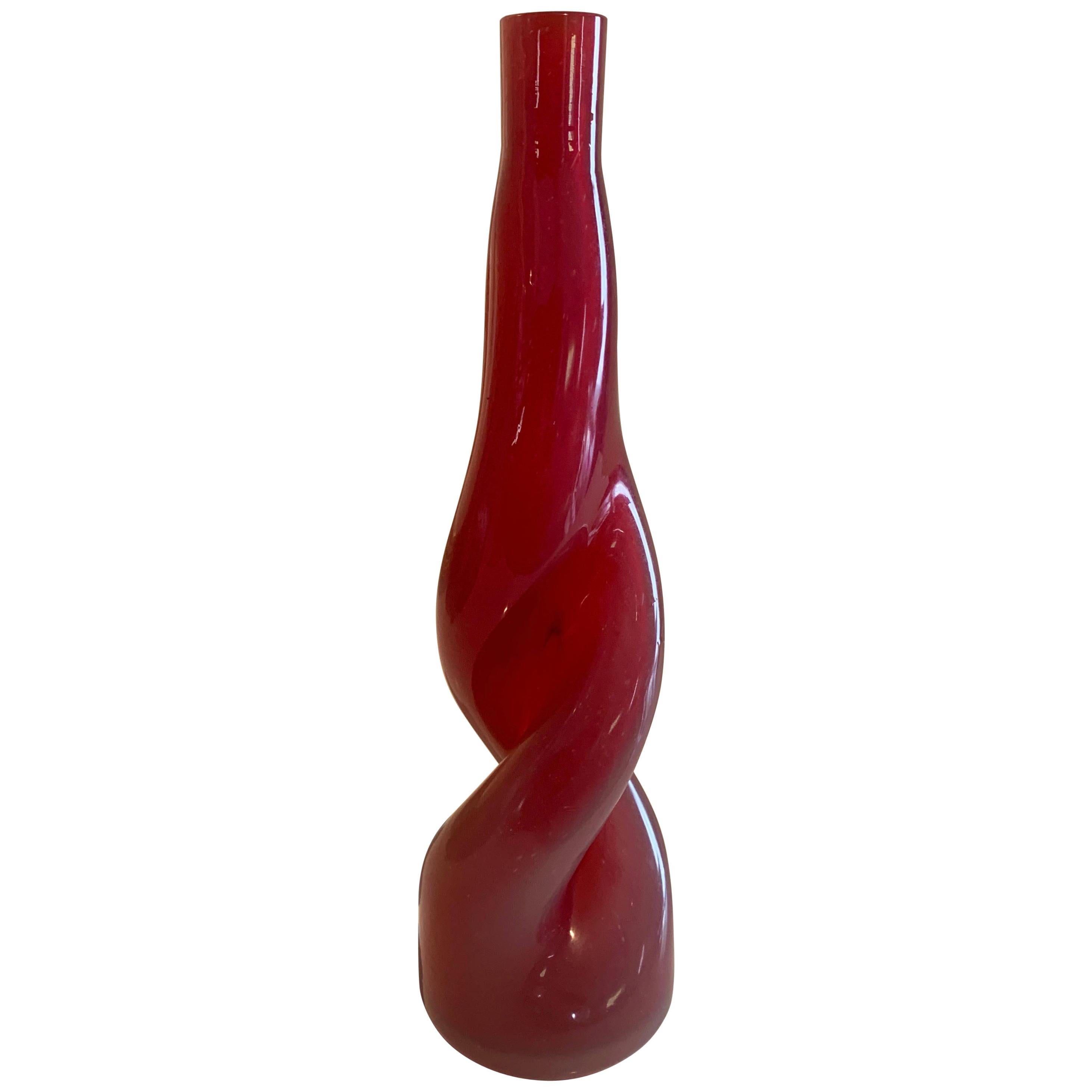 Thick Twisted Red Art Glass Bud Vase For Sale