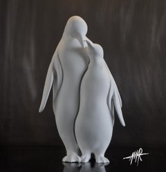 "Tendresse", Penguins Resin with Gesso Sculpture by Thierry Amar