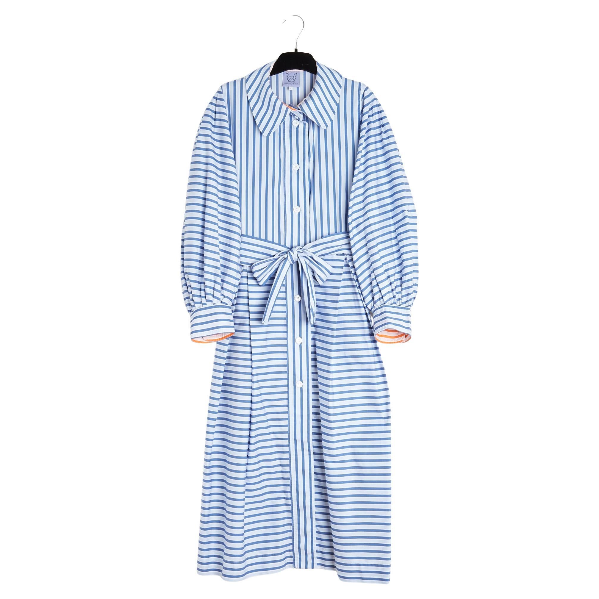 Thierry Colson Robe FR40 Large Blue Pinestripe Cotton Day Dress UK12 US10 For Sale