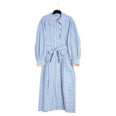 Thierry Colson Robe FR40 Large Blue Pinestripe Cotton Day Dress UK12 US10