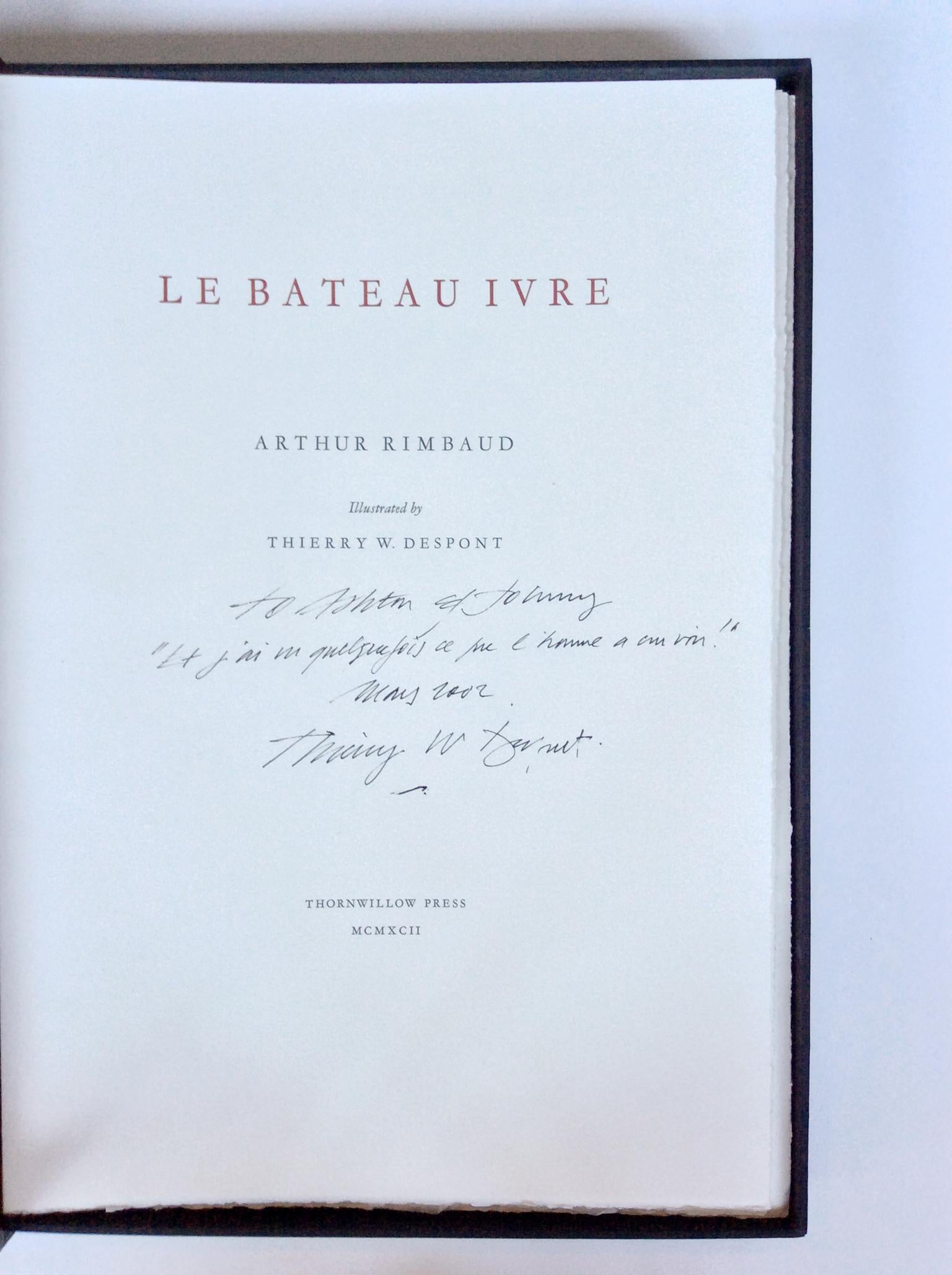 A first-edition portfolio of lithographs by the artist & architect Thierry Despont. Published by in 1992 by Thornwillow Press. This portfolio is unique in that Despont has signed the title page, with a dedication to two friends. Despont's lithograph
