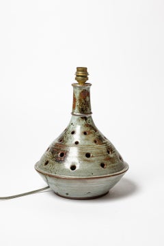 Thierry et Chantal Robert grey perforated design ceramic table lamp signed 1970