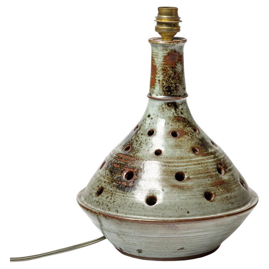 Thierry et Chantal Robert grey perforated design ceramic table lamp signed 1970