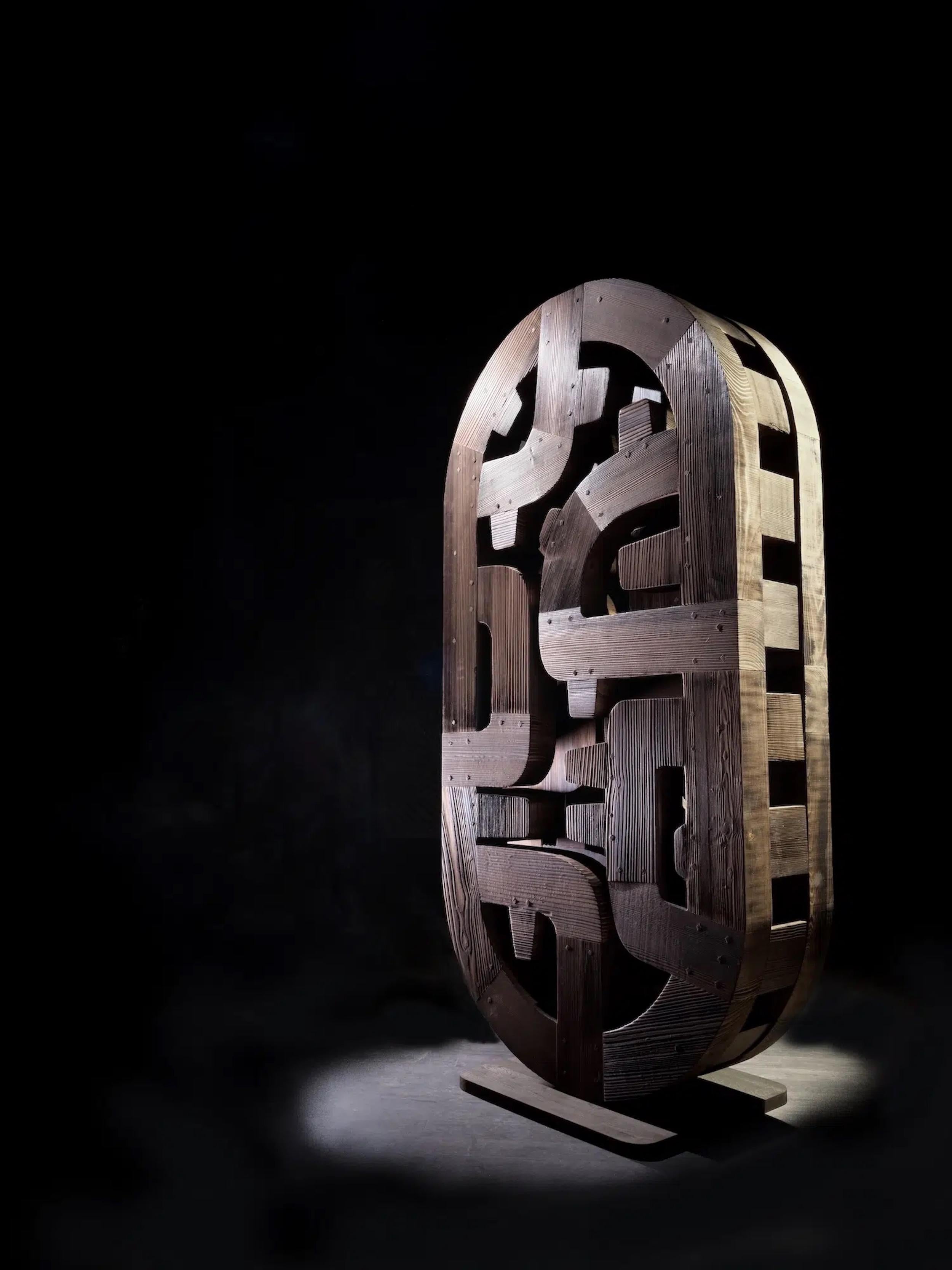 No.090924 by Thierry Martenon - large wood sculpture, abstract geometric totem