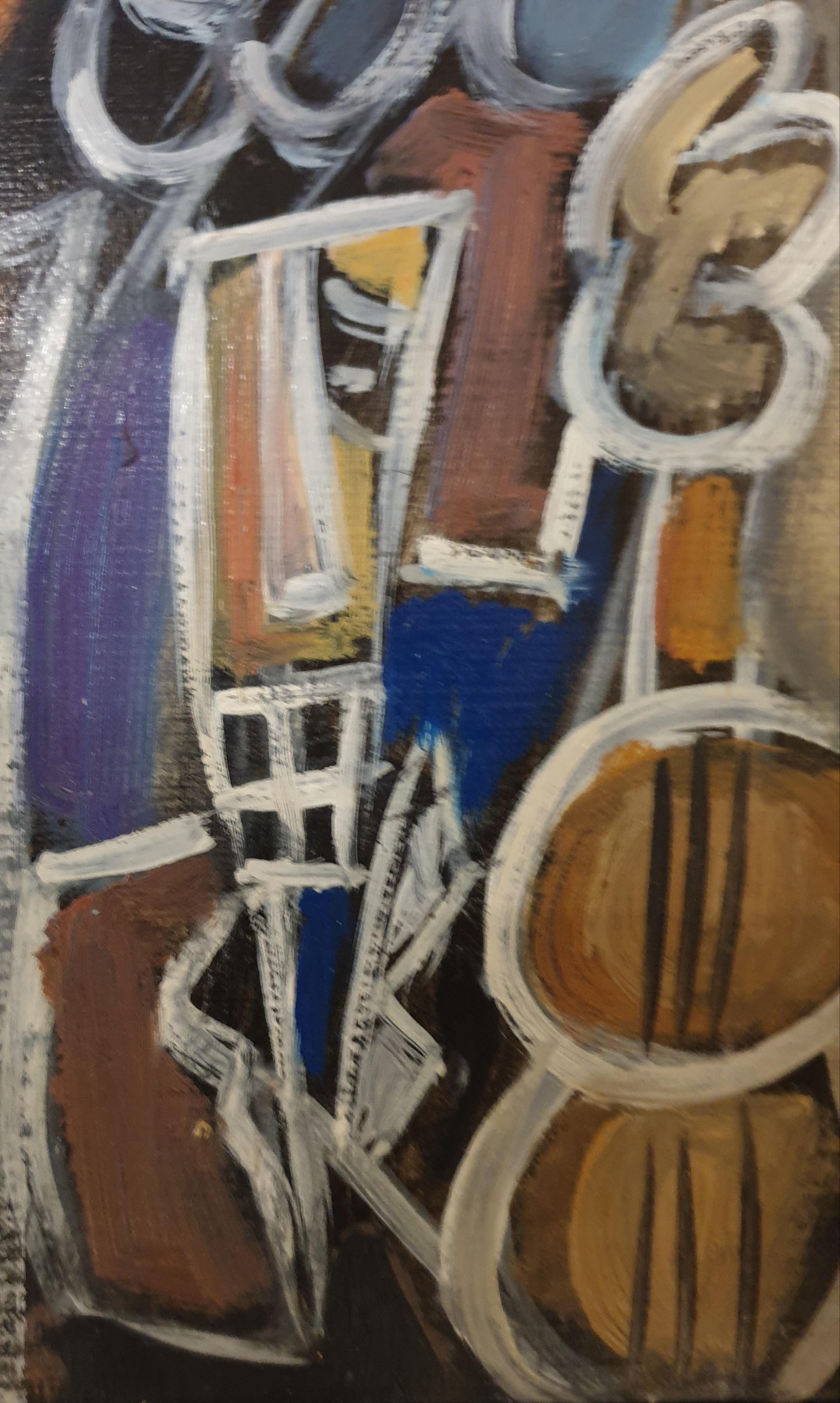 Abstraktes expressionistisches Ölgemälde des französischen Künstlers Thierry Miramon aus dem späten 20. Jahrhundert, das eine lebhafte Jazznacht darstellt, oben links signiert und in einem zeitgenössischen schwarzen Rahmen präsentiert. 

Ein