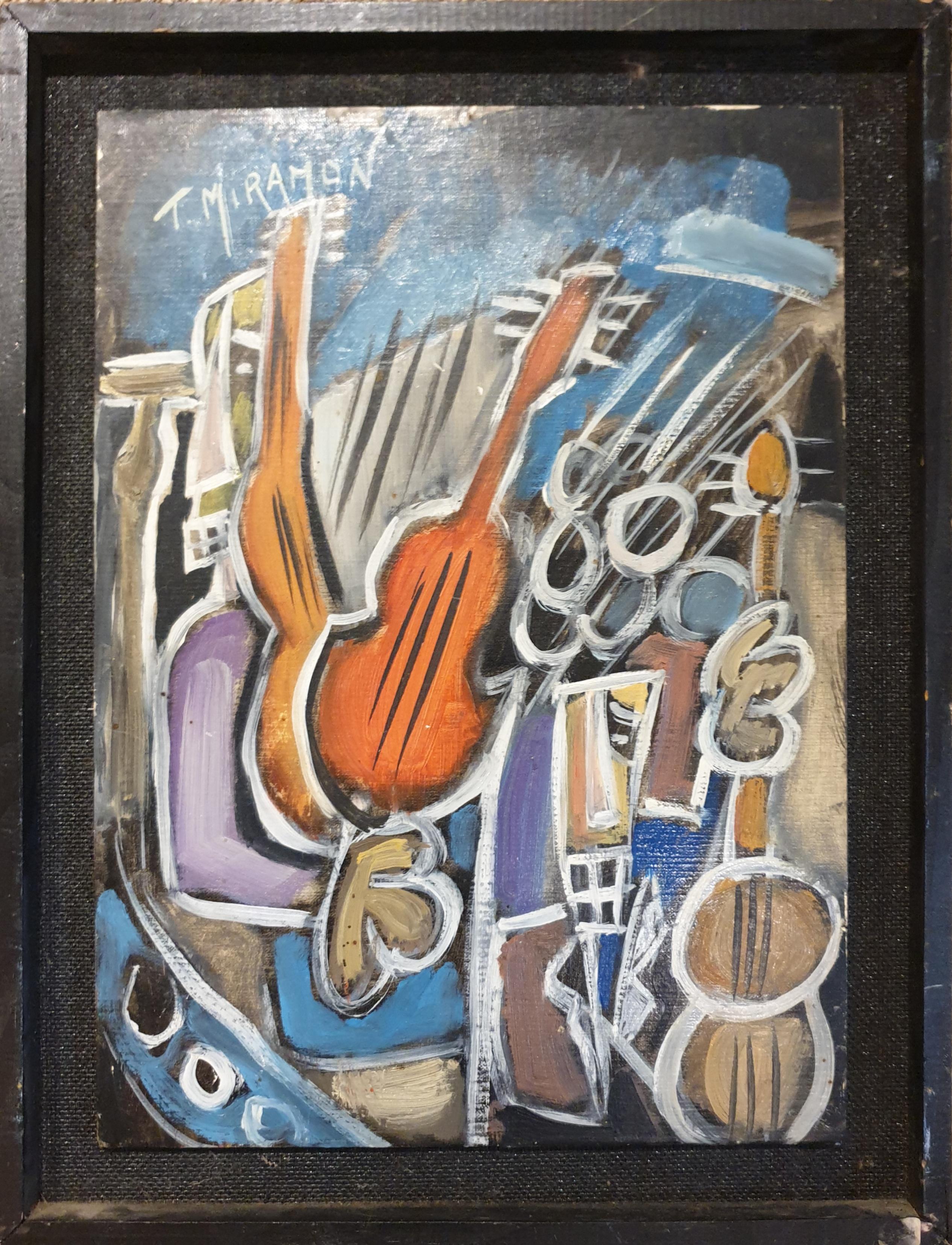 Interior Painting de Thierry Miramon - Acrílico sobre tabla expresionista abstracto francés de finales del siglo XX. Noche de jazz'.