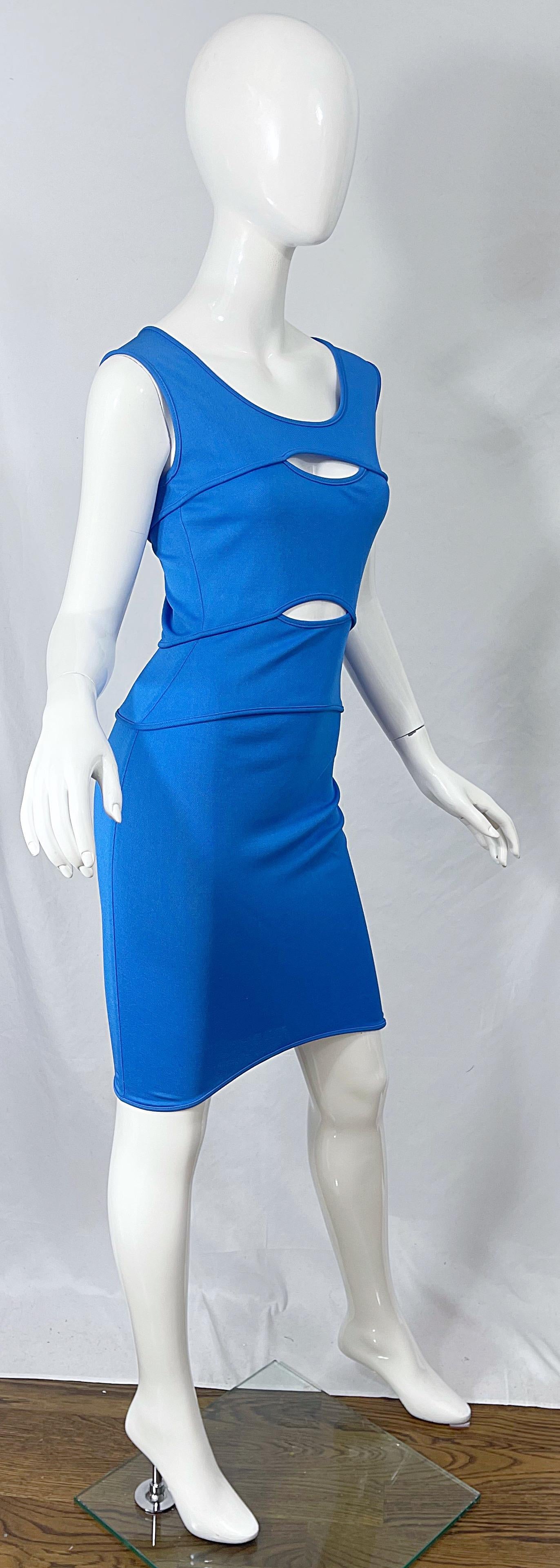 Thierry Mugler 1980s Blue Cut Out Vintage Body Con 80s Dress Size 44 For Sale 3