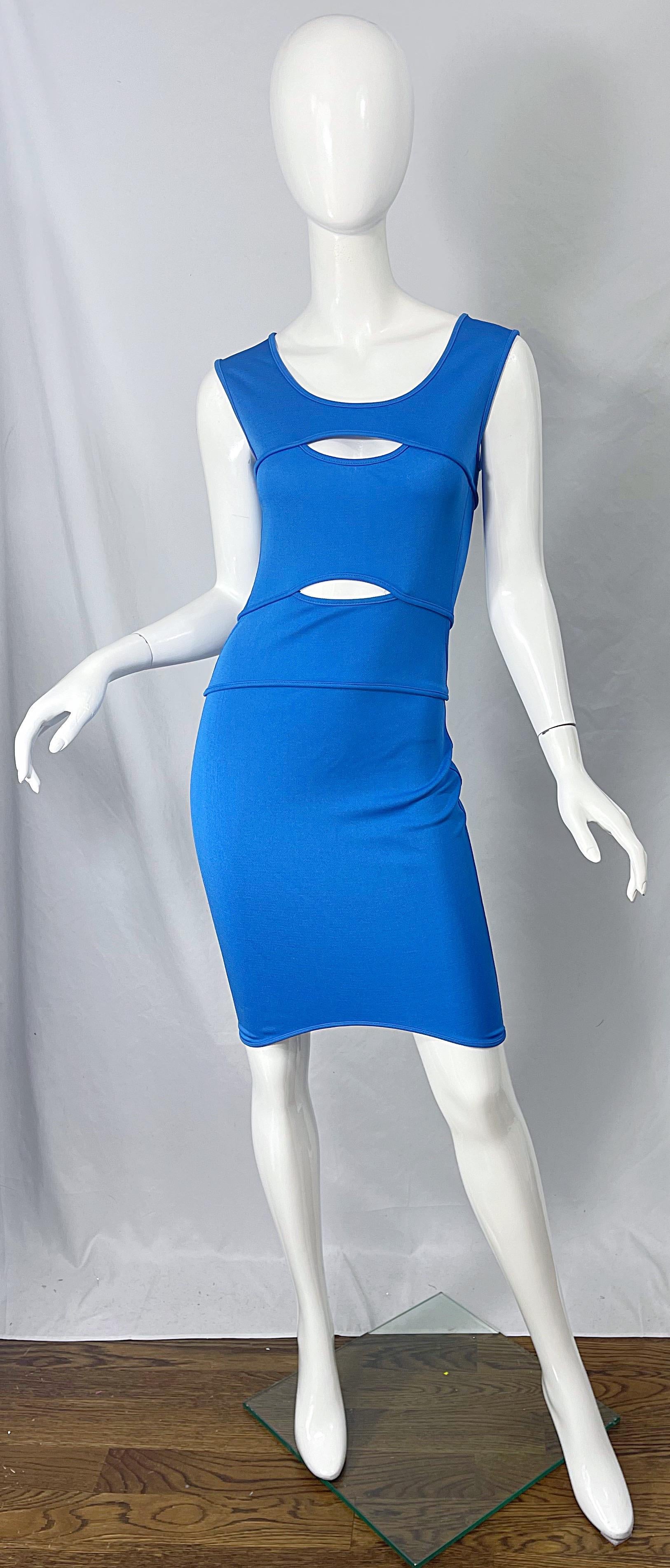 Thierry Mugler 1980s Blue Cut Out Vintage Body Con 80s Dress Size 44 For Sale 7