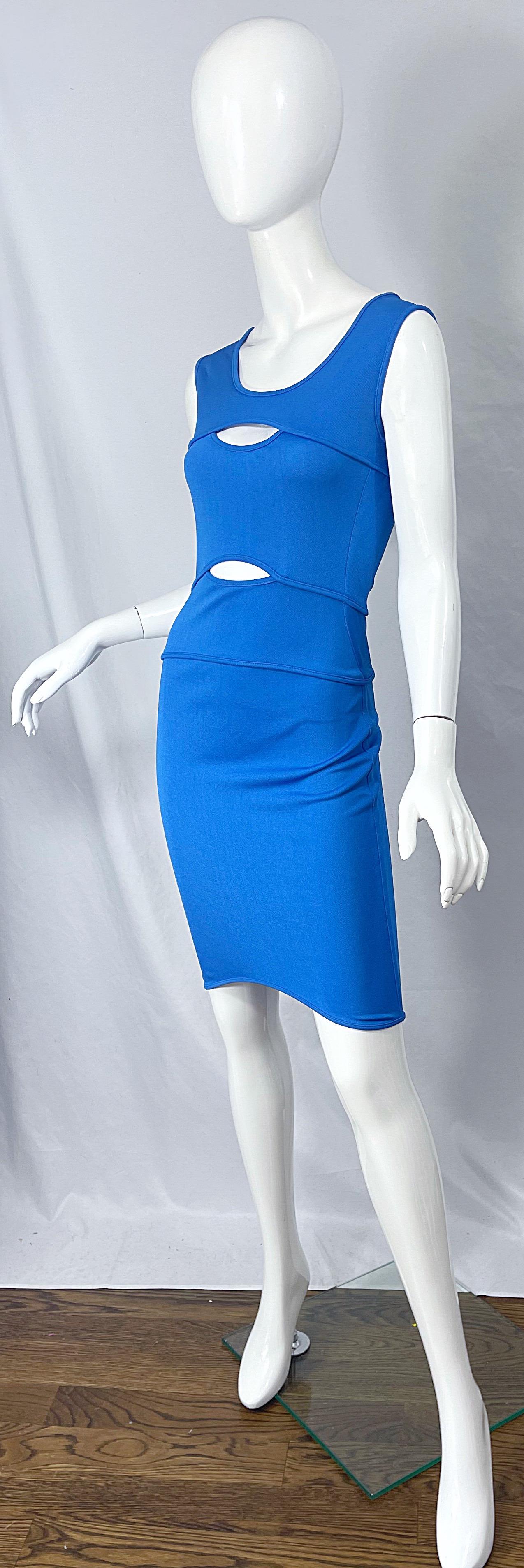Thierry Mugler 1980s Blue Cut Out Vintage Body Con 80s Dress Size 44 In Excellent Condition For Sale In San Diego, CA