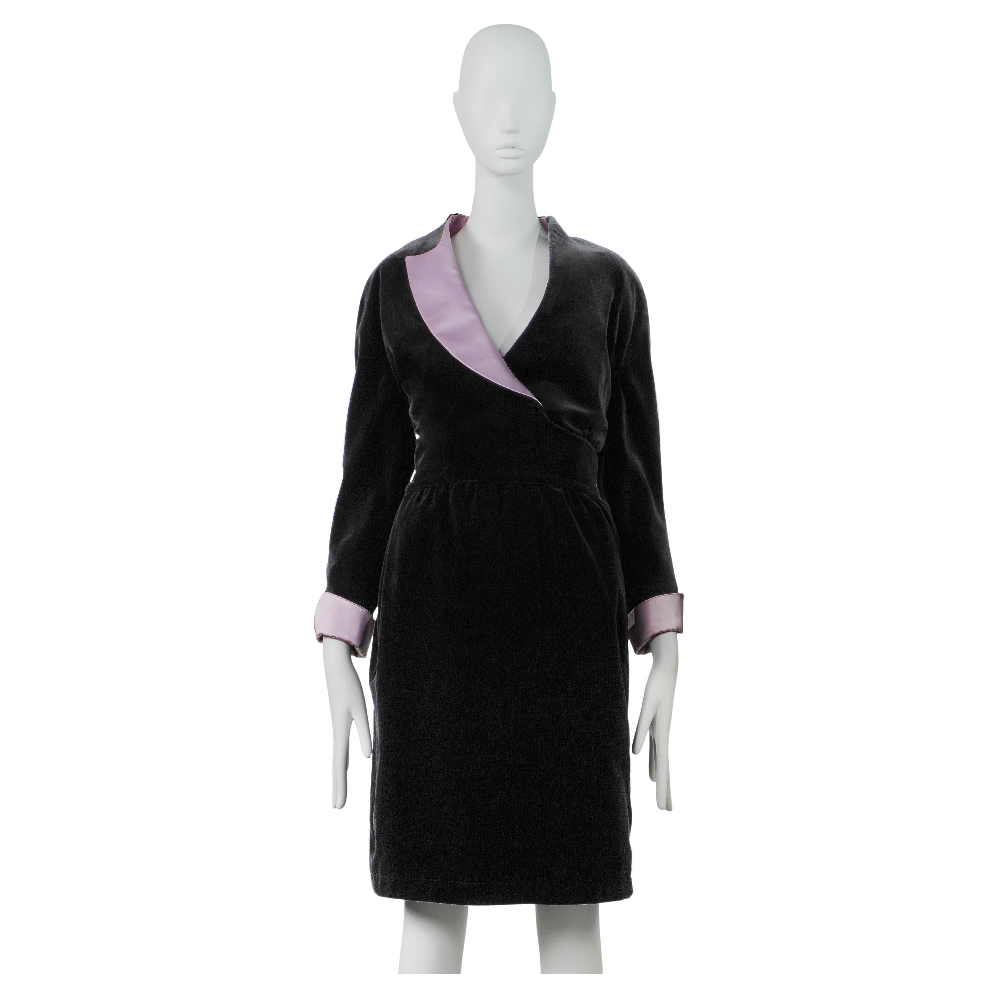 Thierry Mugler 1980 Velvet Wrap Dress with Pink Silk Accents FR38