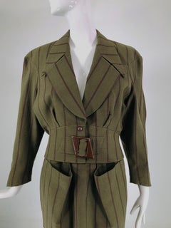 Thierry Mugler 1980er Jahre Nip Taille Grün & Braun gestreifter Rock Anzug Snap Back Rock