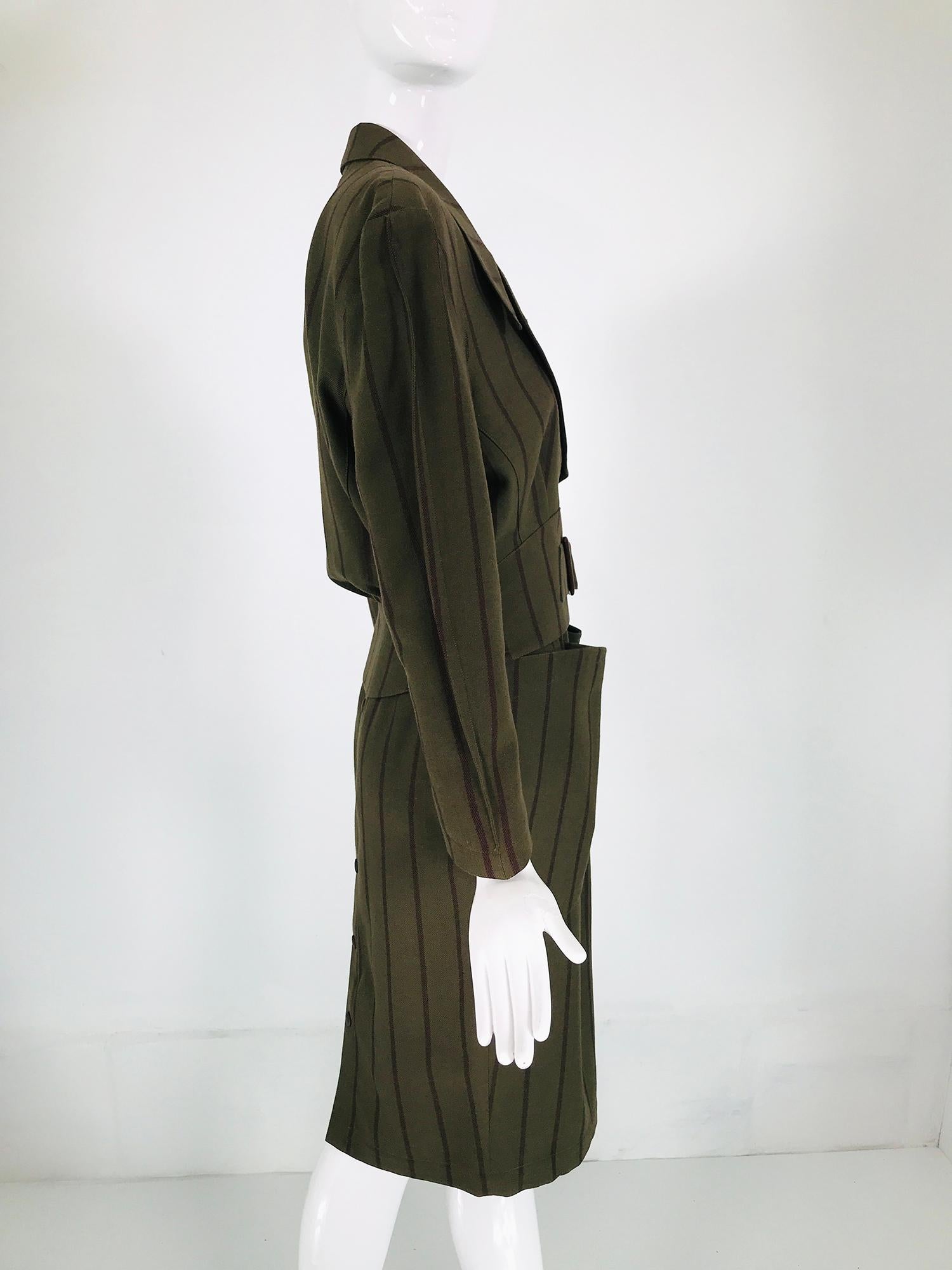 Nero Thierry Mugler 1980s Nip Waist Green & Brown Stripe Gonna Suit Snap Back in vendita