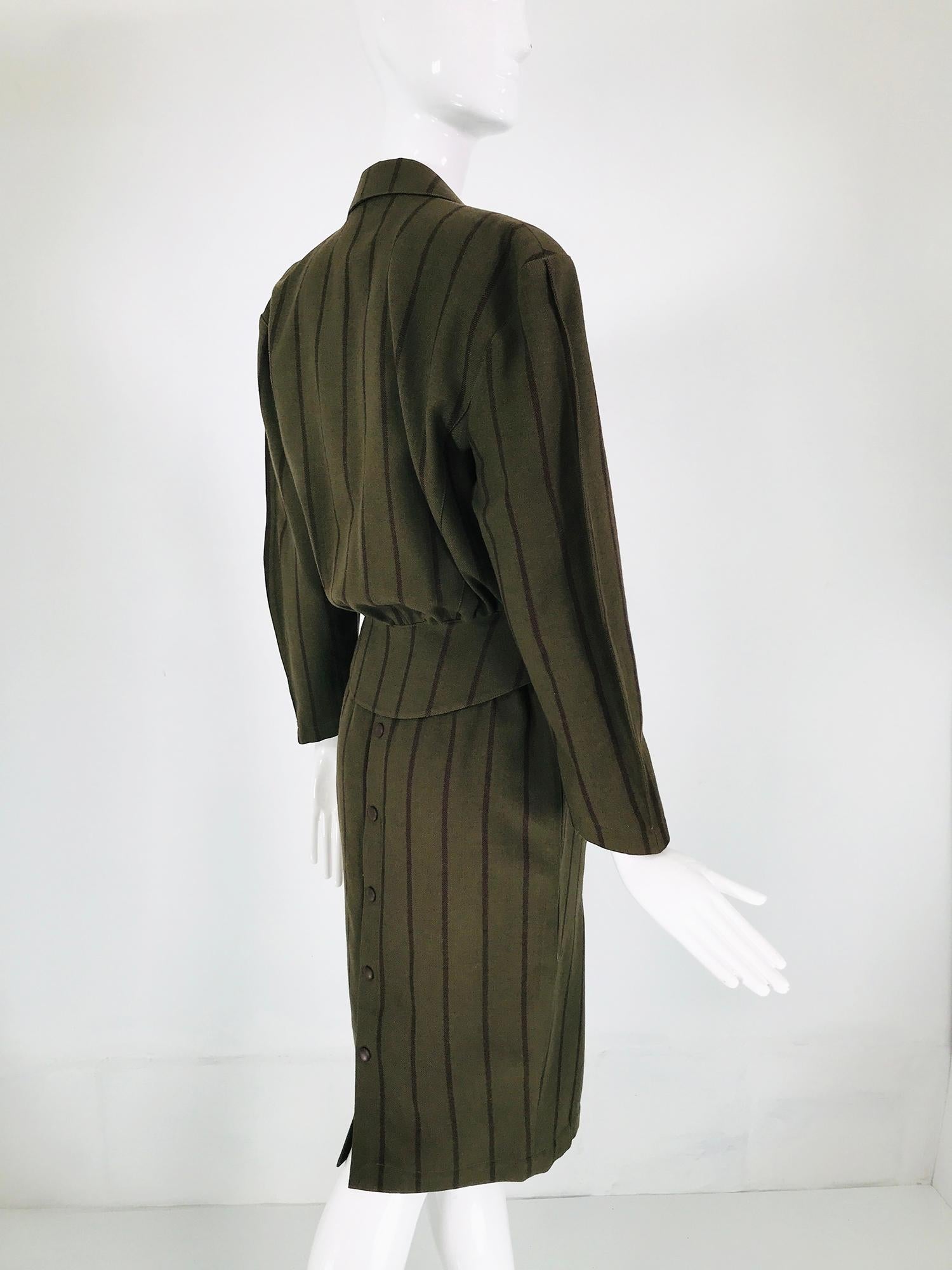 Thierry Mugler 1980s Nip Waist Green & Brown Stripe Skirt Suit Snap Back Skirt  In Good Condition For Sale In West Palm Beach, FL