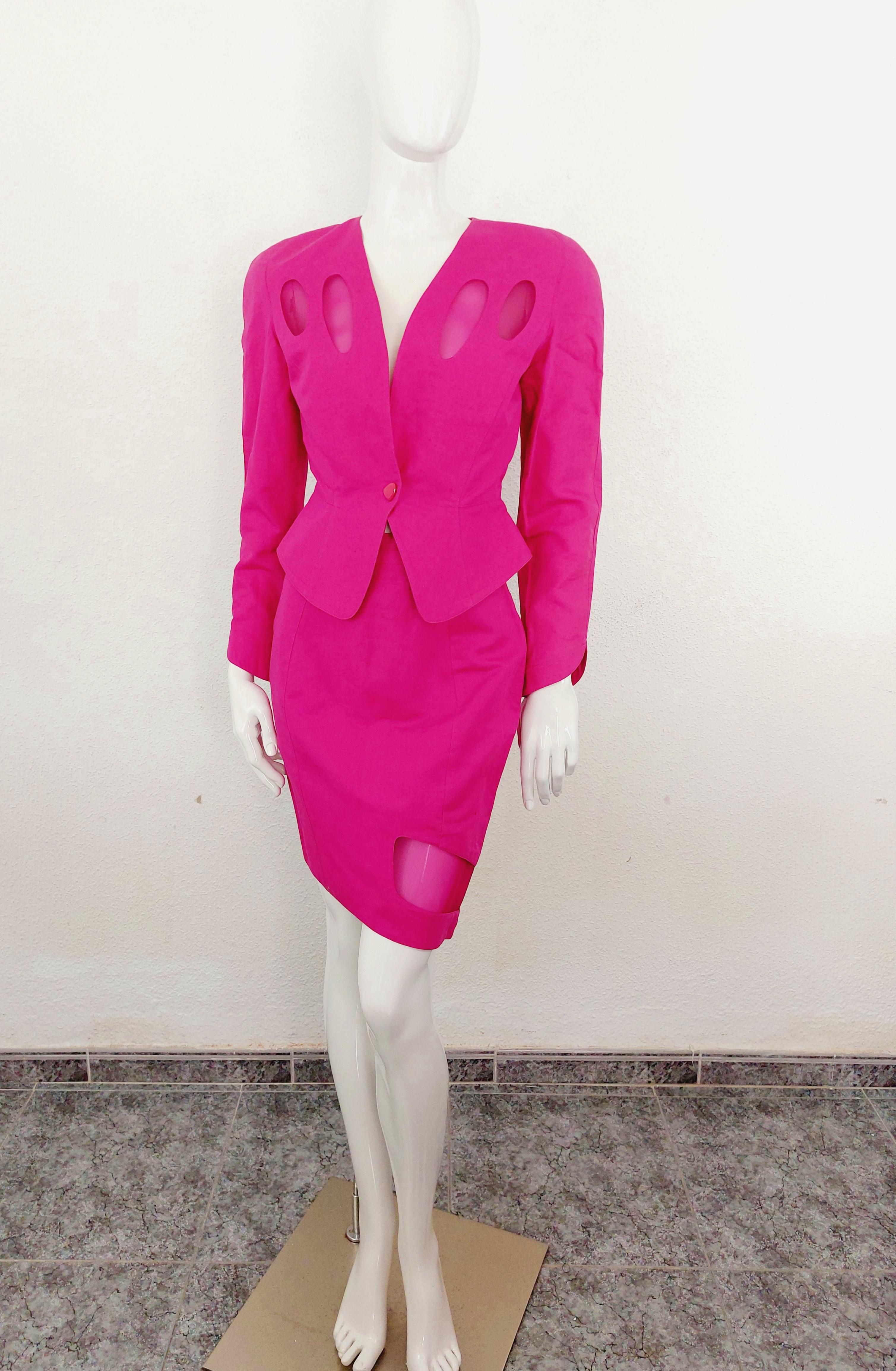 Thierry Mugler 1980s Pink Sculptural Hourglass Cutout Transparent Skirt Suit Set 3