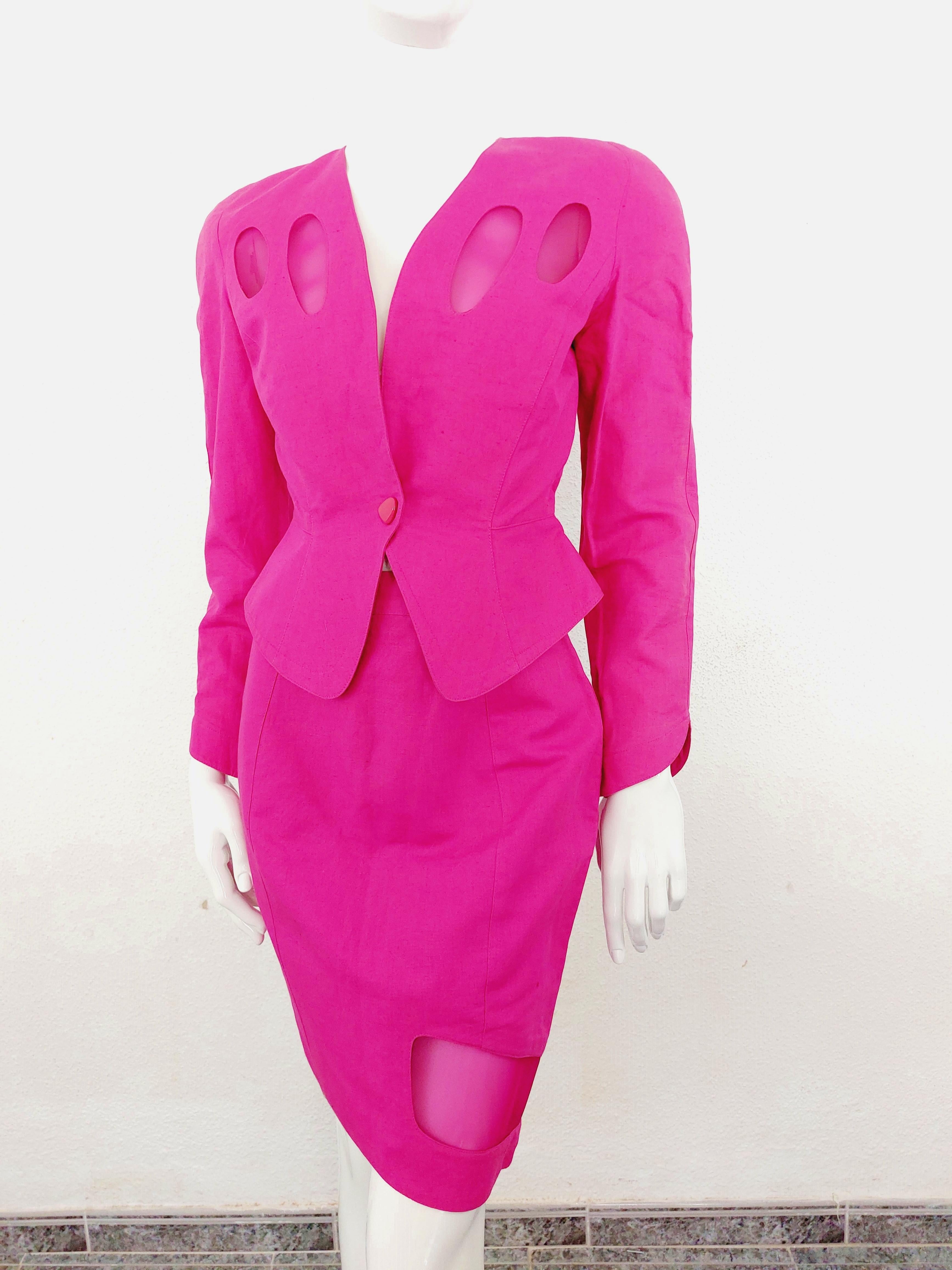 Thierry Mugler 1980s Pink Sculptural Hourglass Cutout Transparent Skirt Suit Set 4