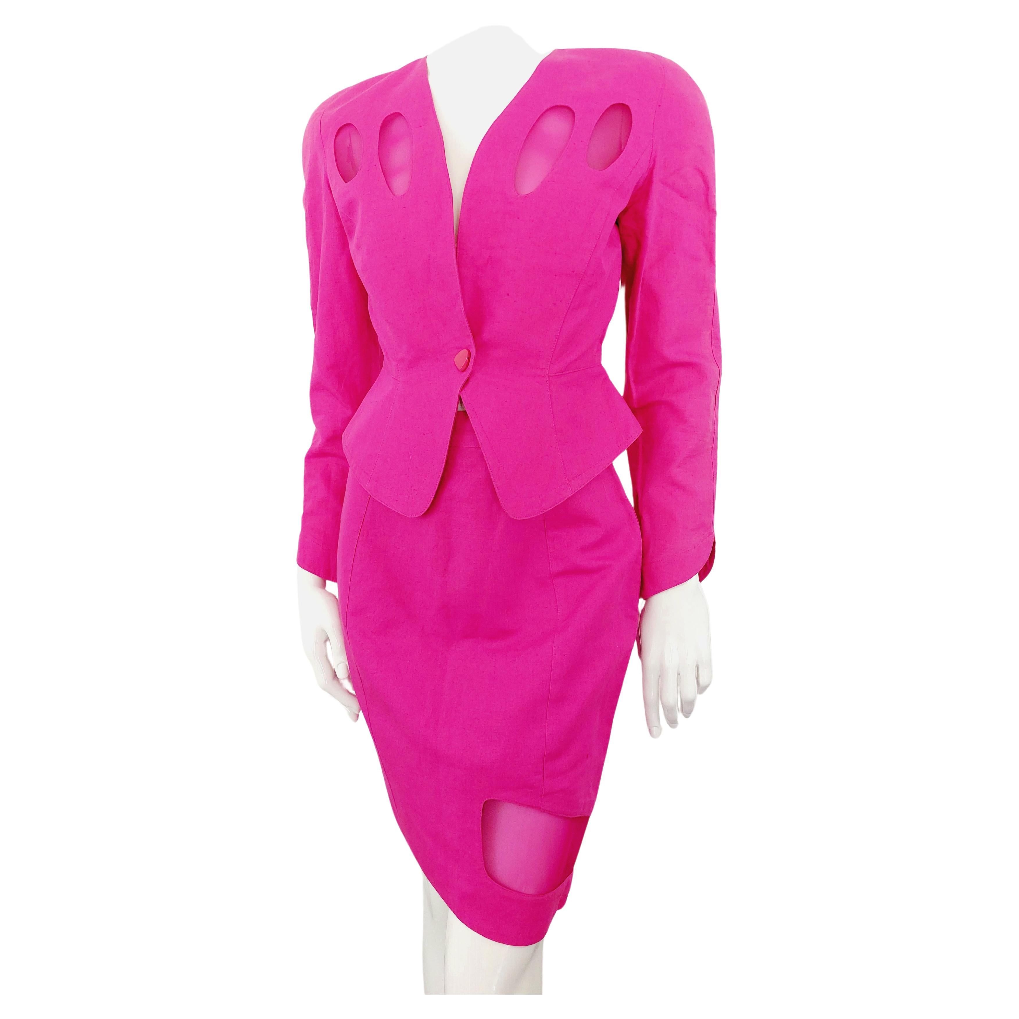 Thierry Mugler 1980s Pink Sculptural Hourglass Cutout Transparent Skirt Suit Set