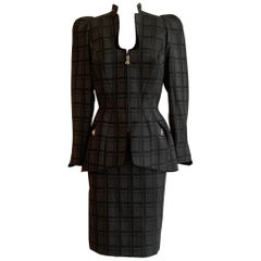 Thierry Mugler 1980s Unworn Grey and Black Plaid Structured Skirt Suit