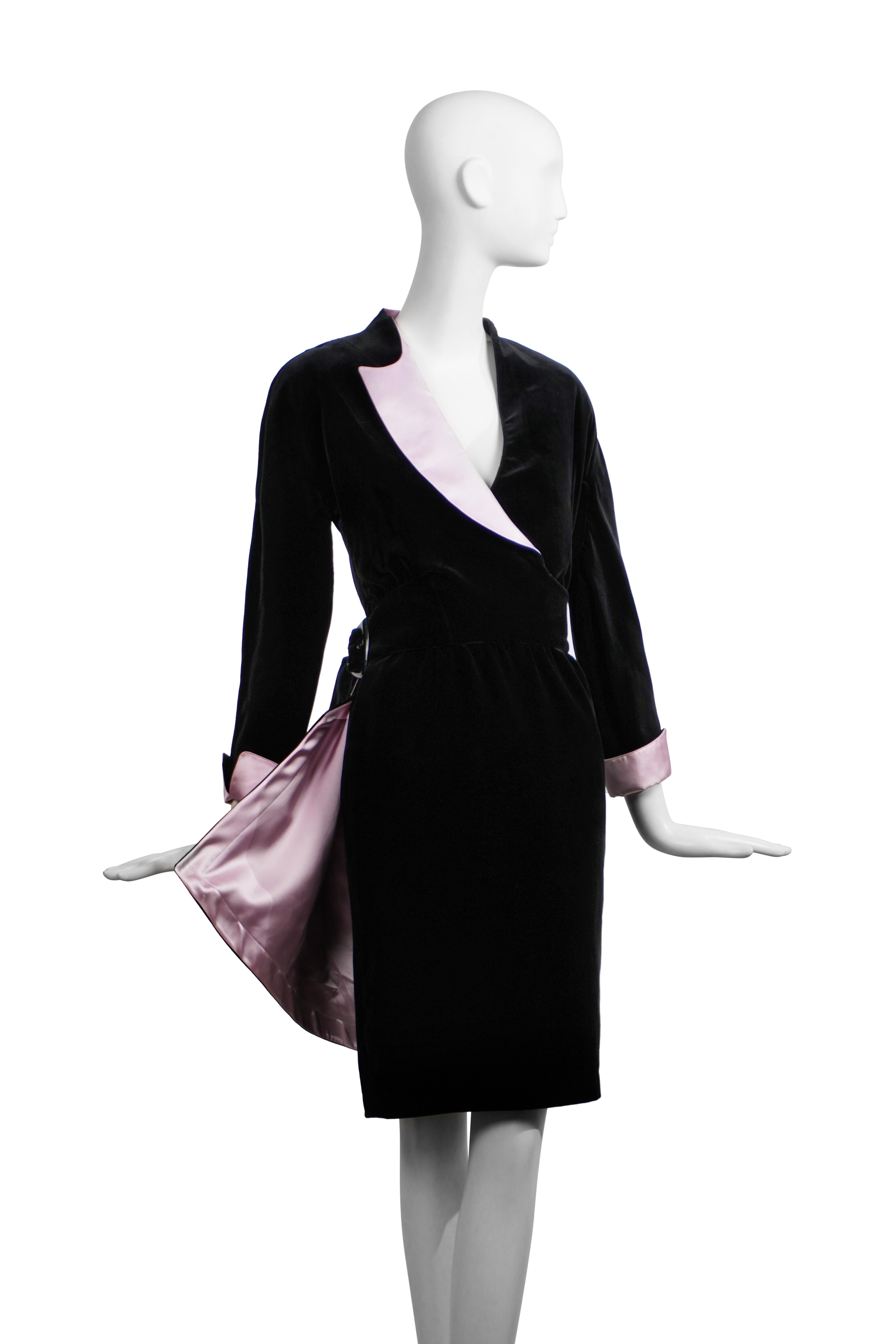 Thierry Mugler 1980s Velvet Wrap Dress with Pink Silk Accents FR38 For Sale 5