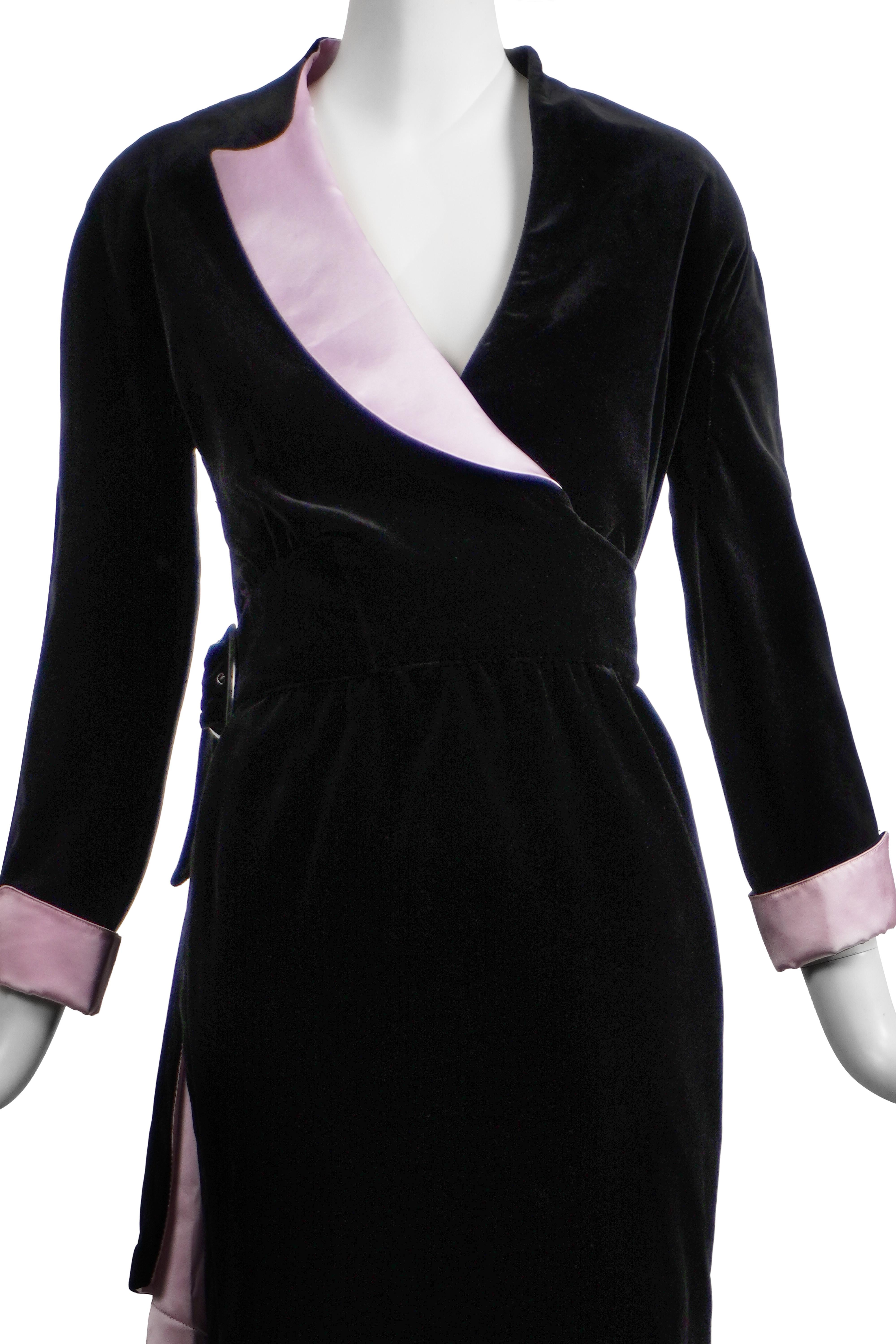 Black Thierry Mugler 1980s Velvet Wrap Dress with Pink Silk Accents FR38 For Sale